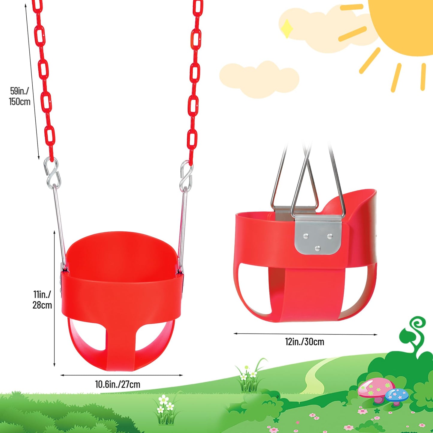 Domaker Toddler Swing Seat with Coated Chains - High Back Bucket (Red)