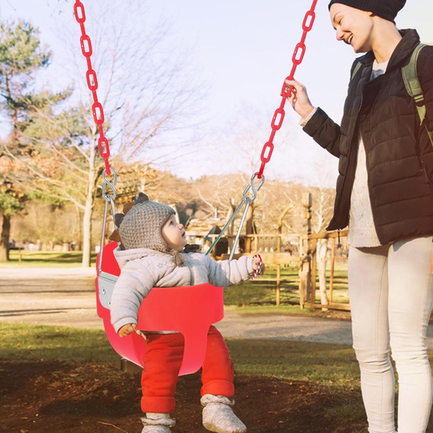 Domaker Toddler Swing Seat with Coated Chains - High Back Bucket (Red)