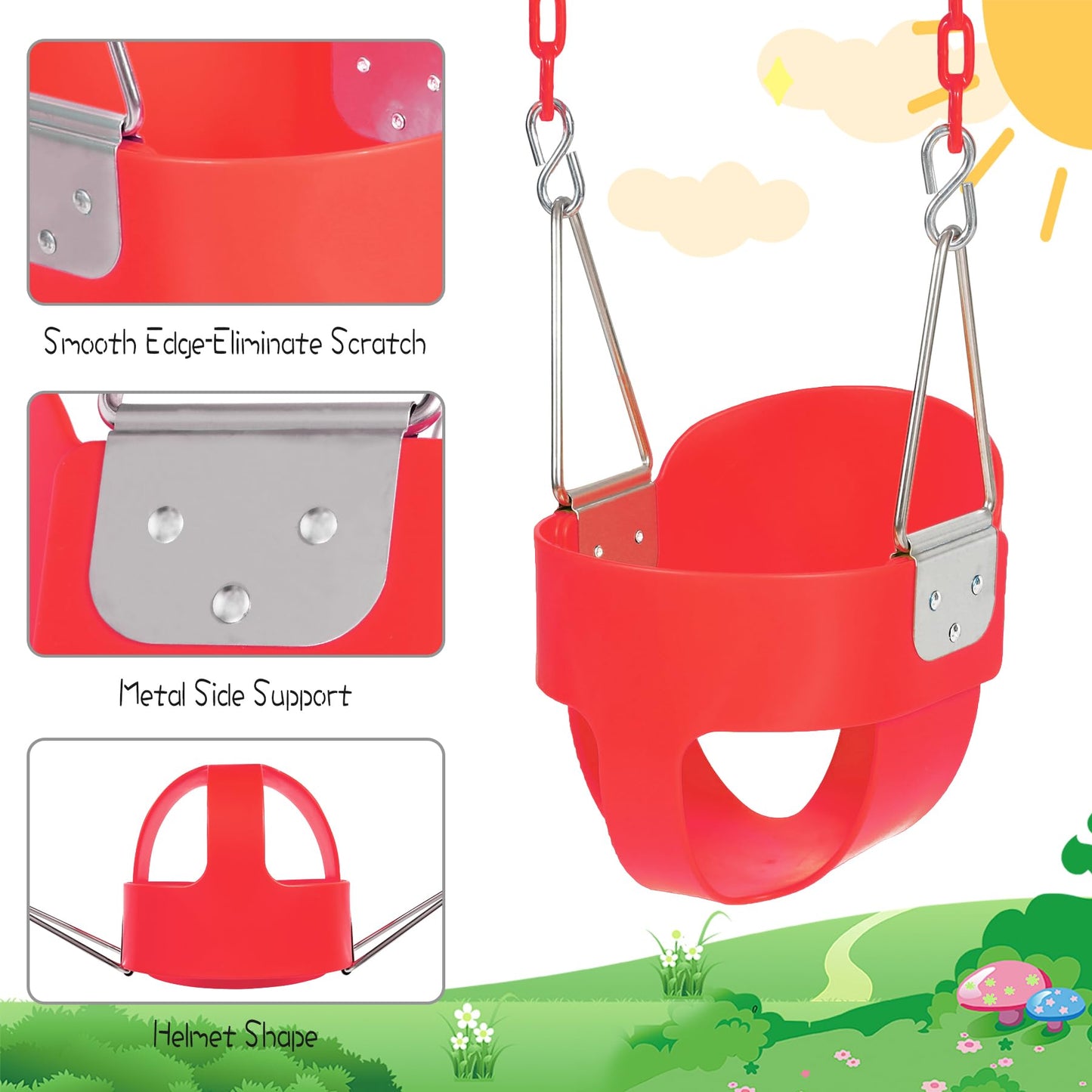 Domaker Toddler Swing Seat with Coated Chains - High Back Bucket (Red)