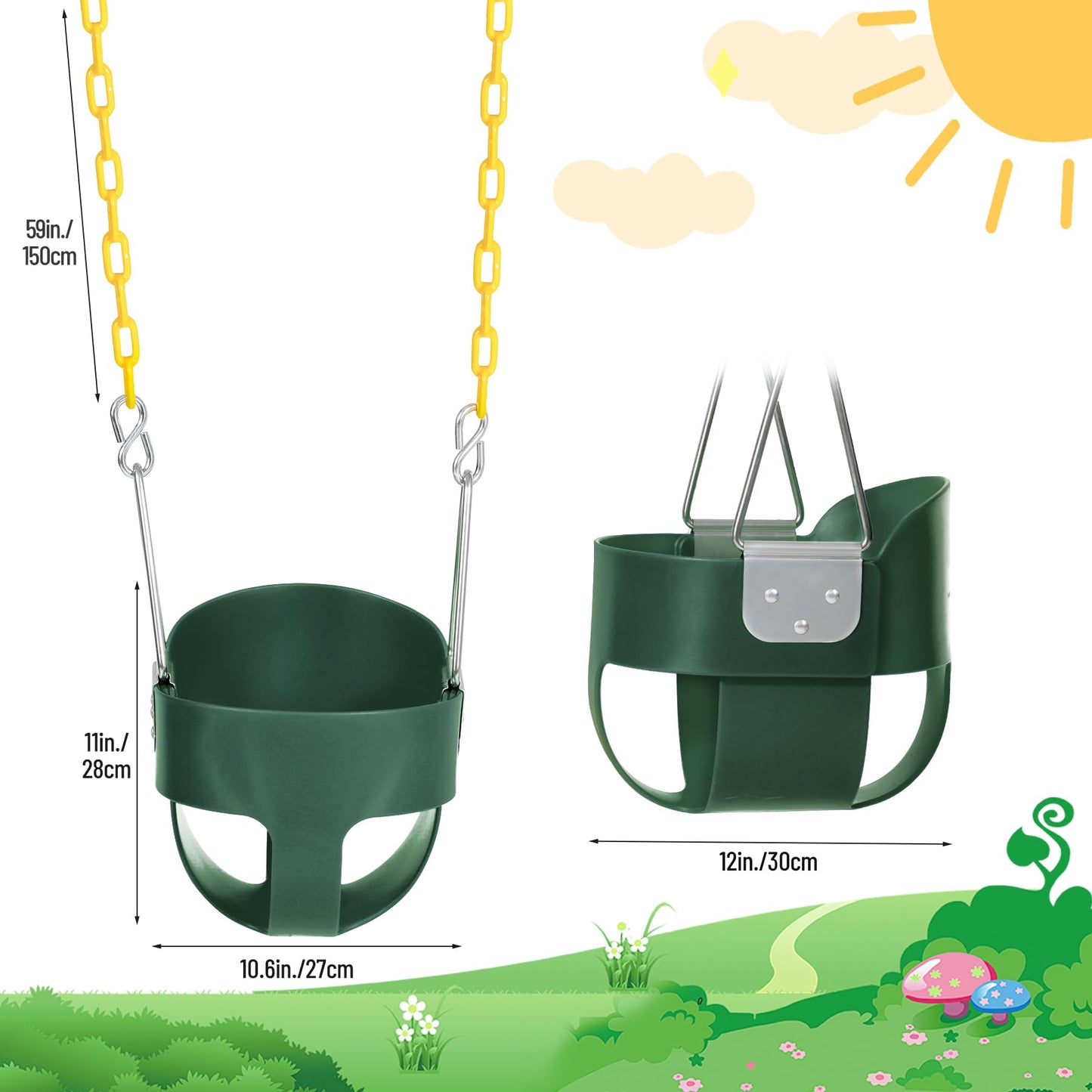 Domaker Toddler Swing Seat with Coated Chains – High Back Bucket Swing for Outdoor Play (Green)