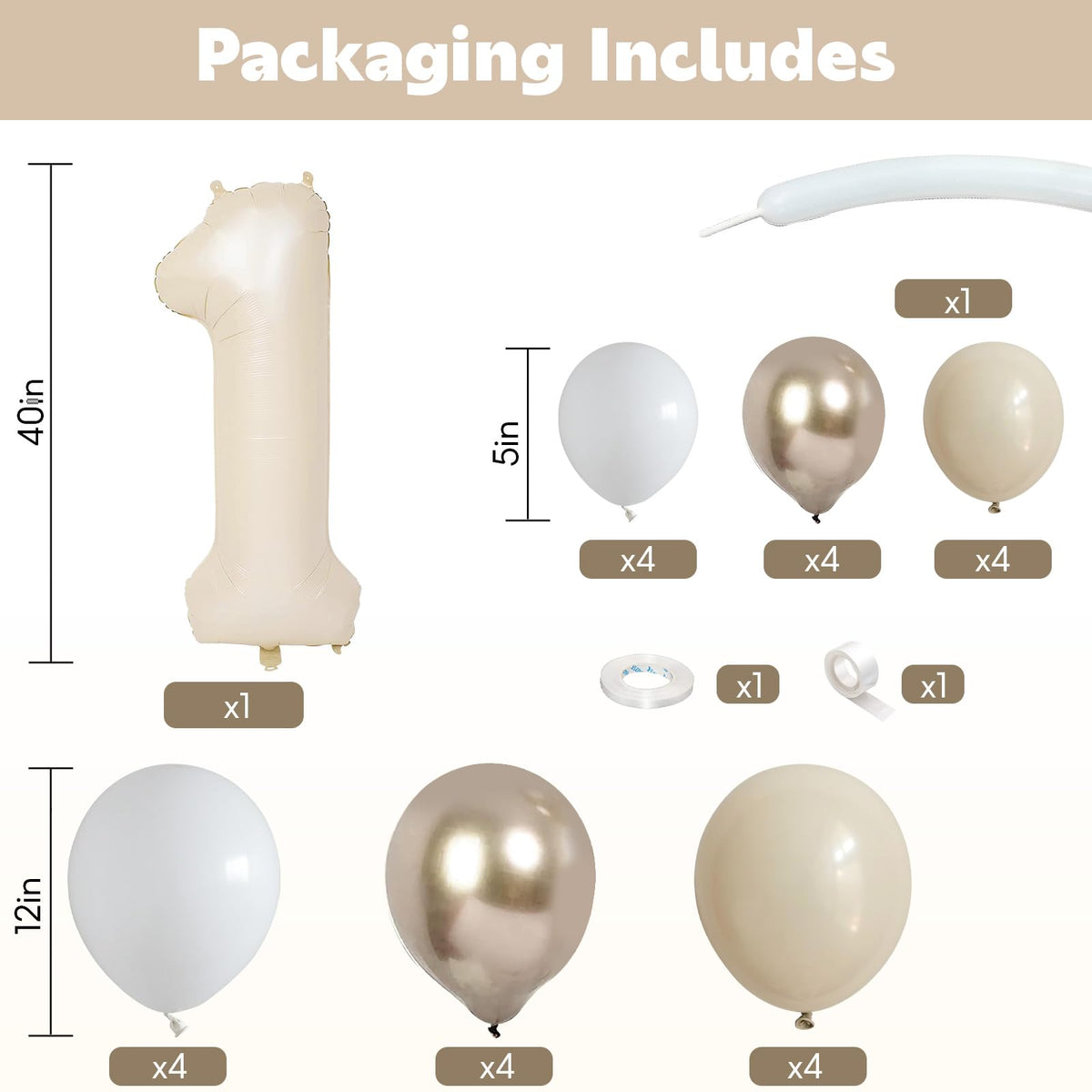 Domgoge 40 Inch Cream Number 1 Balloon Tower – Beige & White Sand Birthday Decor
