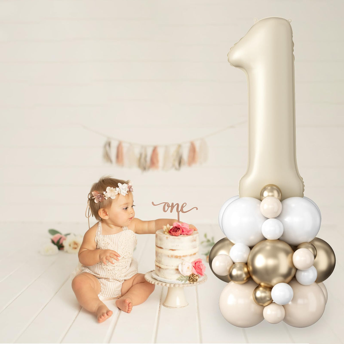 Domgoge 40 Inch Cream Number 1 Balloon Tower – Beige & White Sand Birthday Decor