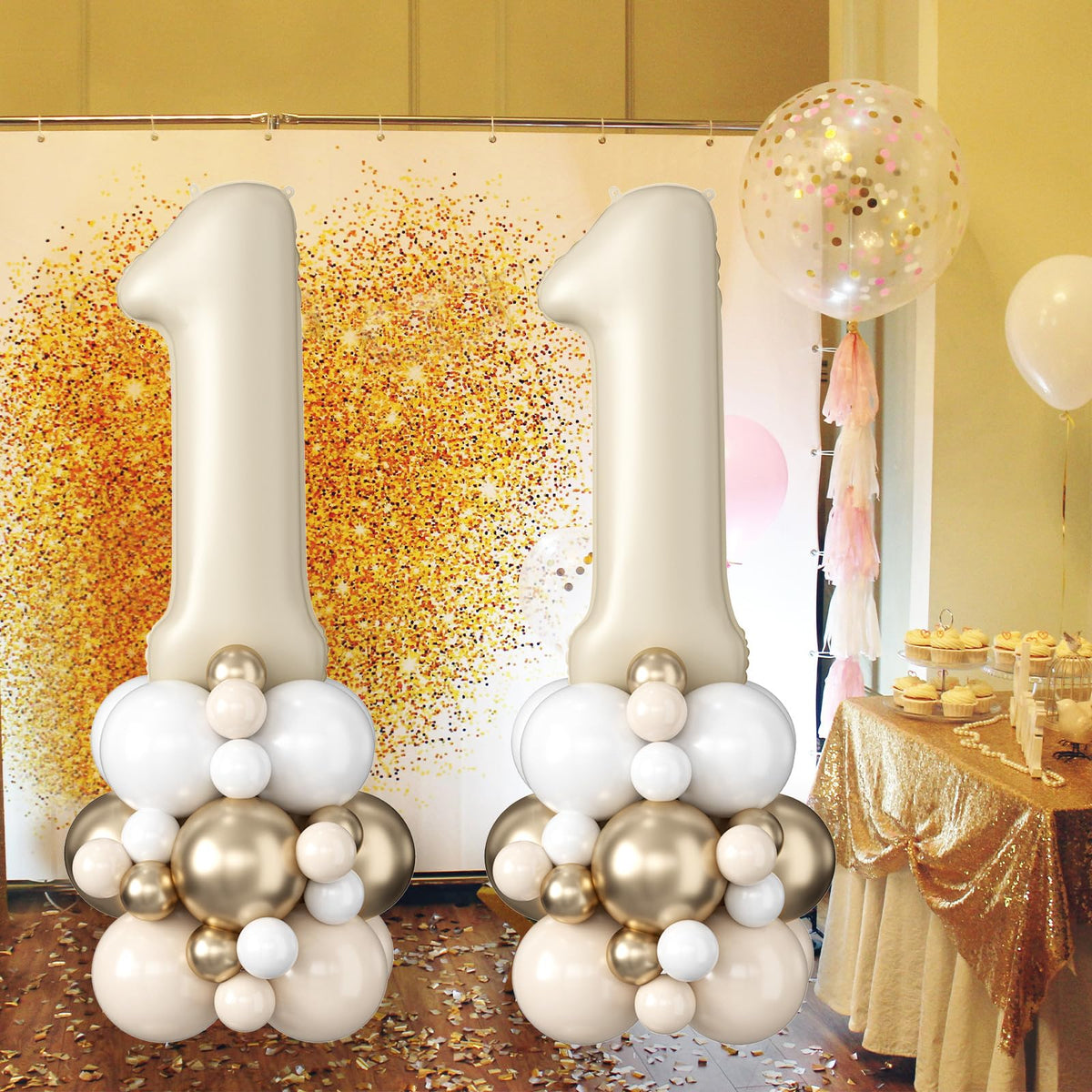 Domgoge 40 Inch Cream Number 1 Balloon Tower – Beige & White Sand Birthday Decor
