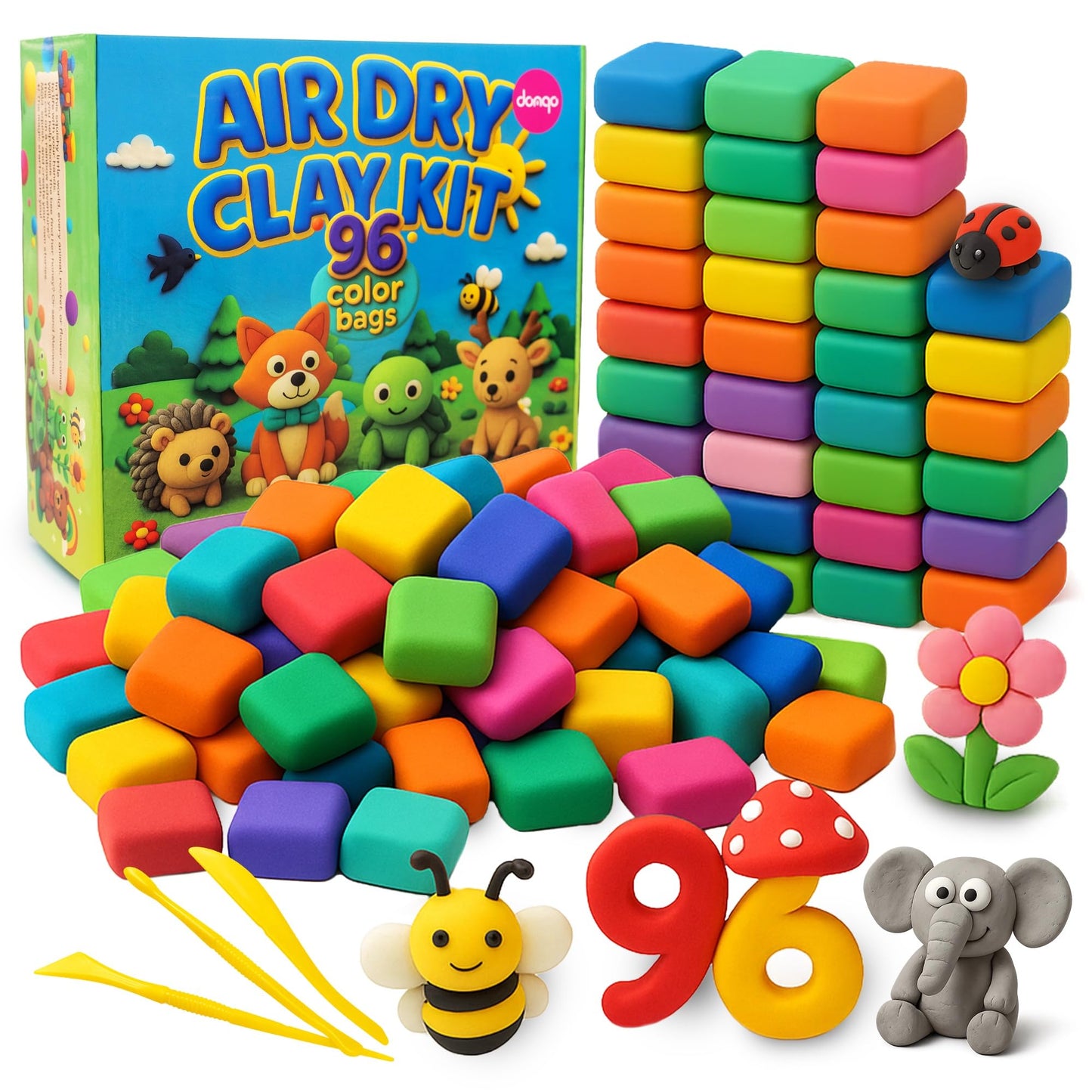 Domqo Air Dry Clay Kit – 96 Colors, Non-Sticky, Tools & Storage Bags for Kids 3+