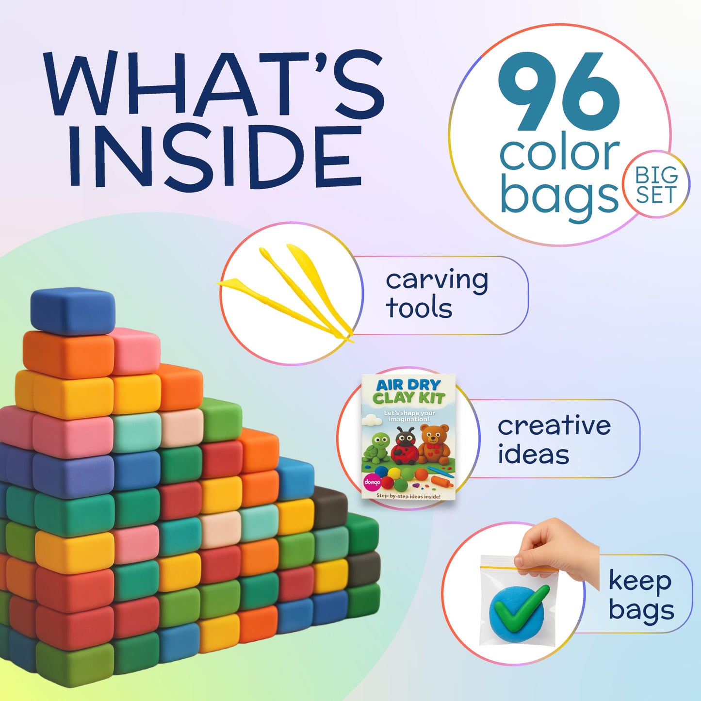 Domqo Air Dry Clay Kit – 96 Colors, Non-Sticky, Tools & Storage Bags for Kids 3+