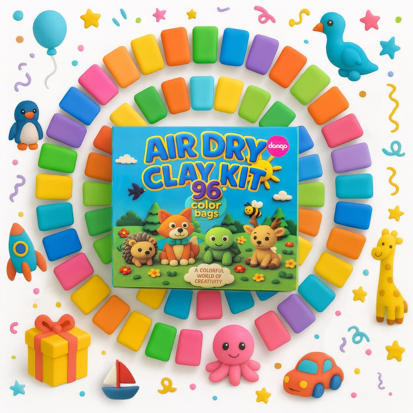 Domqo Air Dry Clay Kit – 96 Colors, Non-Sticky, Tools & Storage Bags for Kids 3+