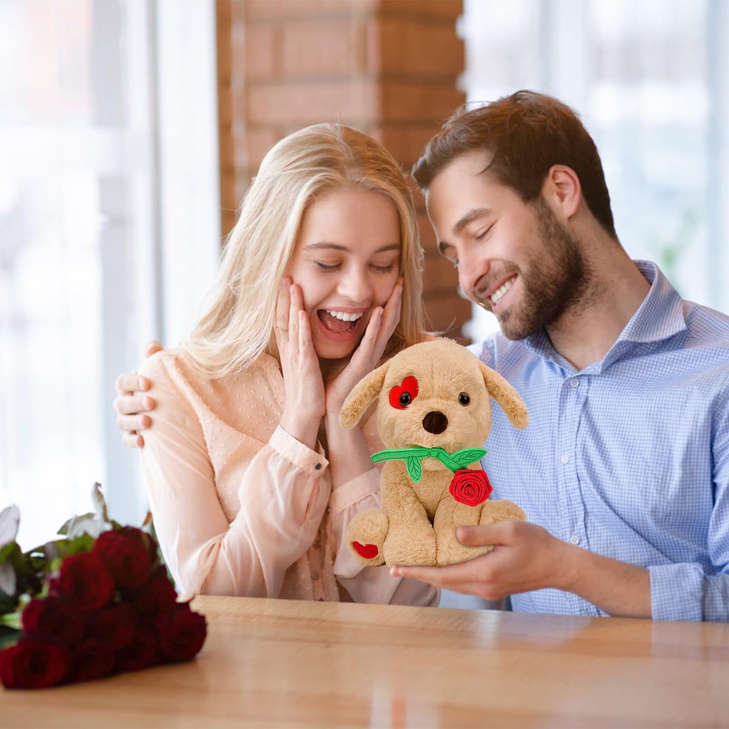 Donse 10-Inch Plush Dog with Rose – Valentine Gift for Her