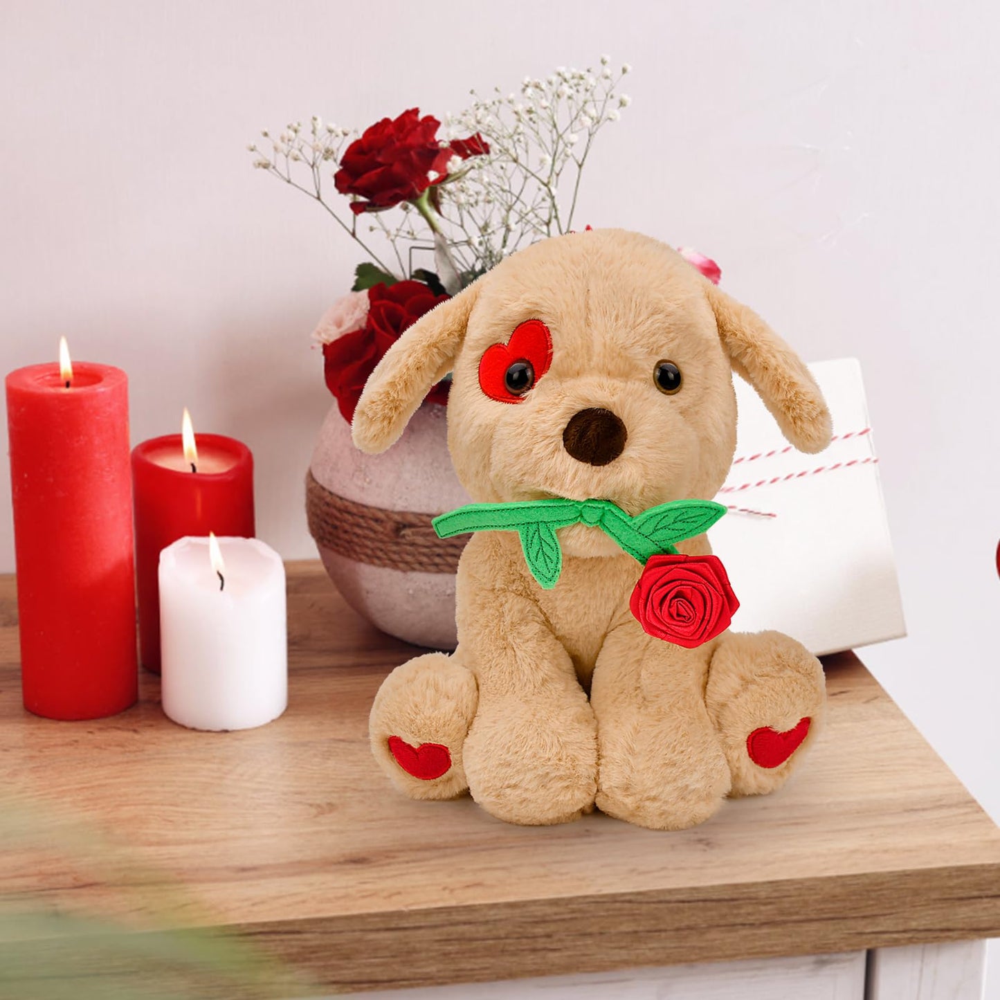 Donse 10-Inch Plush Dog with Rose – Valentine Gift for Her