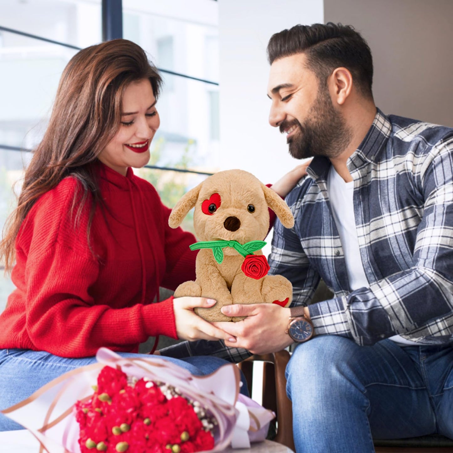 Donse 10-Inch Plush Dog with Rose – Valentine Gift for Her