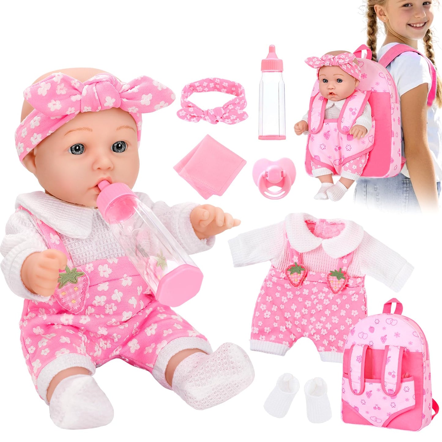 DONTNO 12-Inch Baby Doll with Backpack Carrier – Realistic Playset in Gift Box