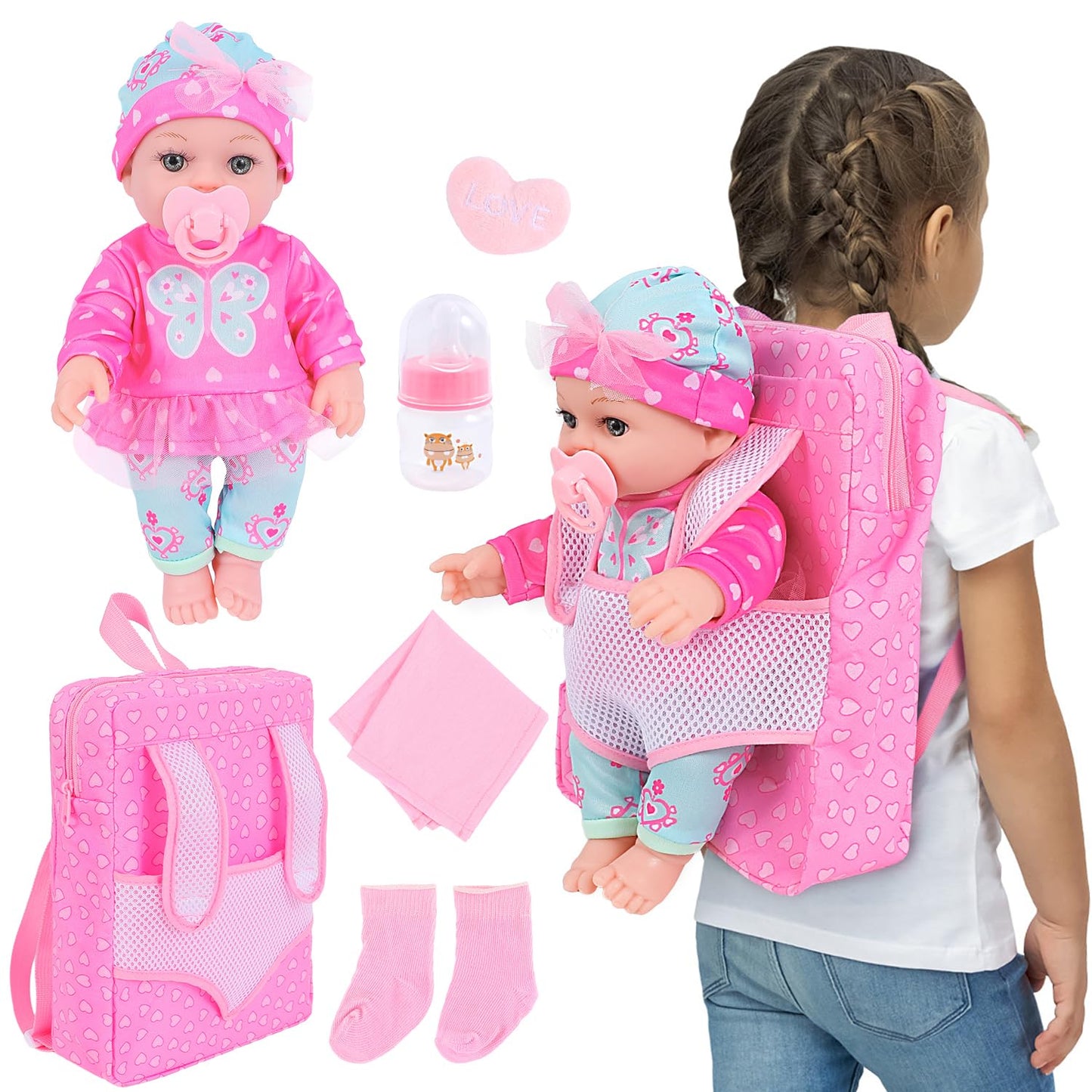 DONTNO 12-Inch Baby Doll with Clothes & Backpack Carrier – Reborn Pretend Play Set