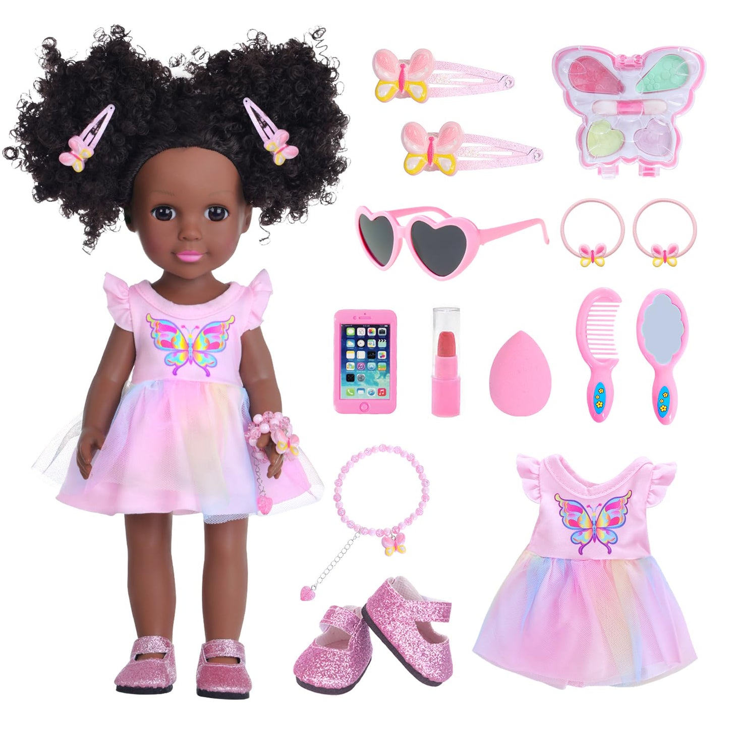 DONTNO 14.5-Inch Black Doll with Clothes & Accessories – Butterfly Dress & Makeup