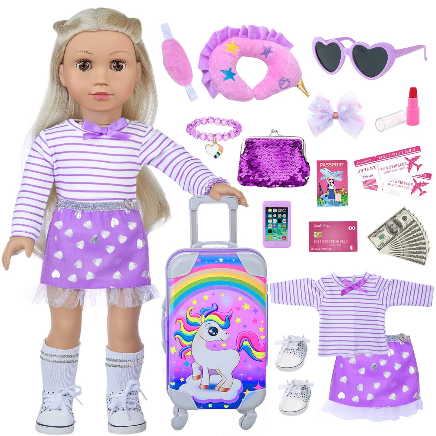 DONTNO 29 Pcs Doll Accessories for 18-Inch American Doll | Purple Travel Set