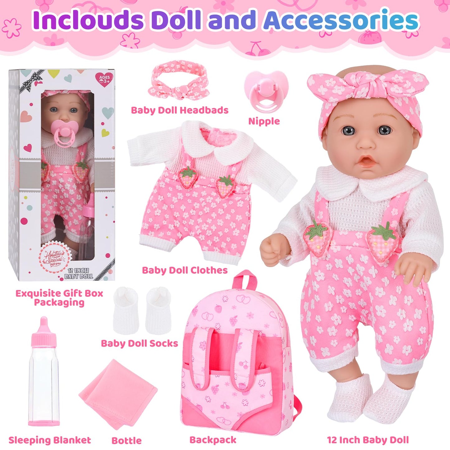 DONTNO 12-Inch Baby Doll with Backpack Carrier – Realistic Playset in Gift Box