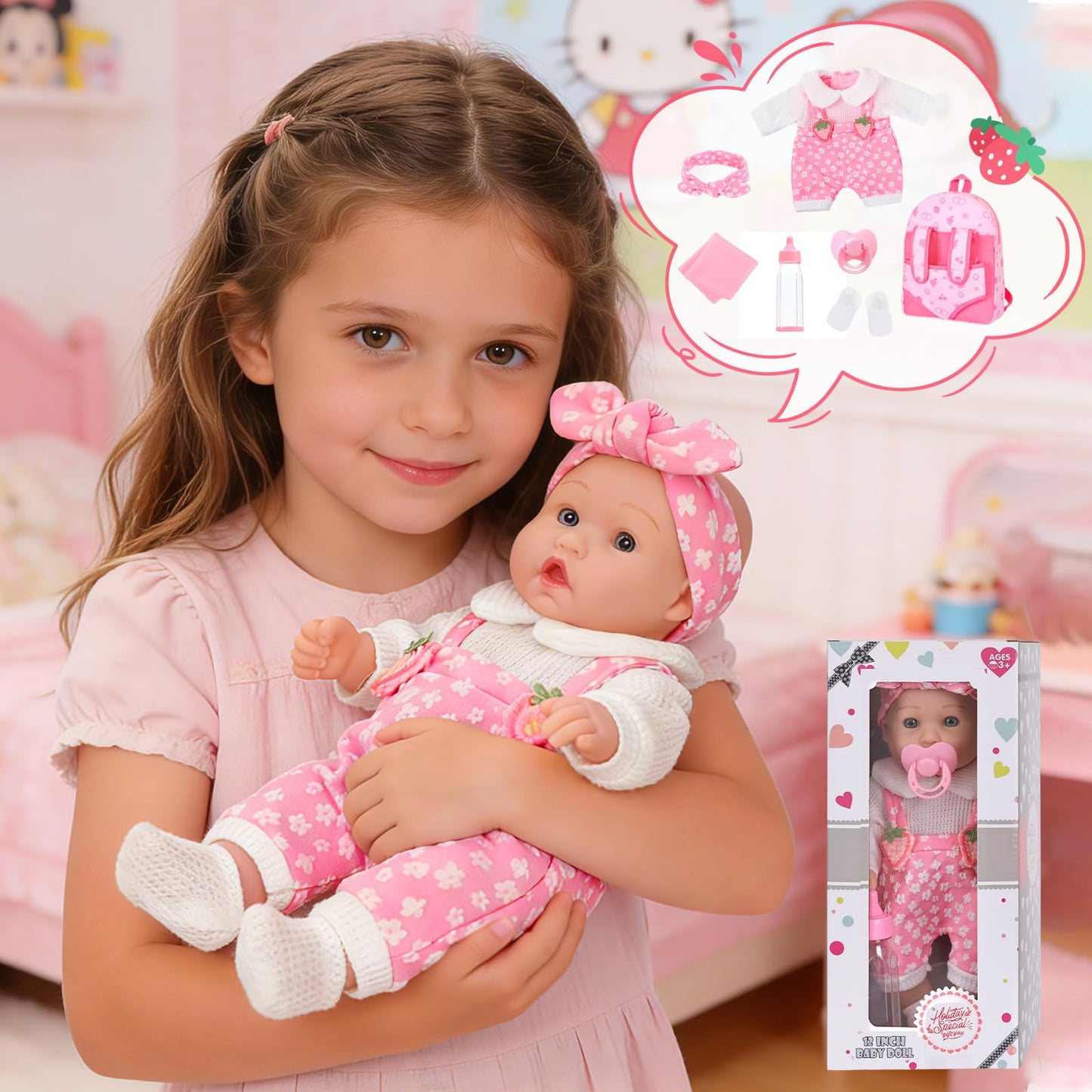 DONTNO 12-Inch Baby Doll with Backpack Carrier – Realistic Playset in Gift Box