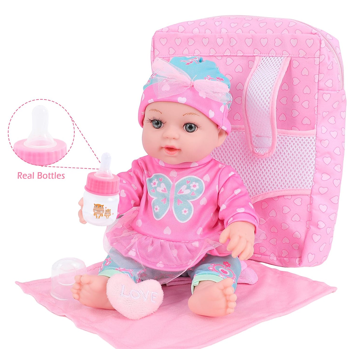 DONTNO 12-Inch Baby Doll with Clothes & Backpack Carrier – Reborn Pretend Play Set