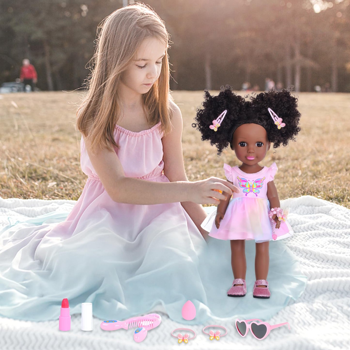 DONTNO 14.5-Inch Black Doll with Clothes & Accessories – Butterfly Dress & Makeup