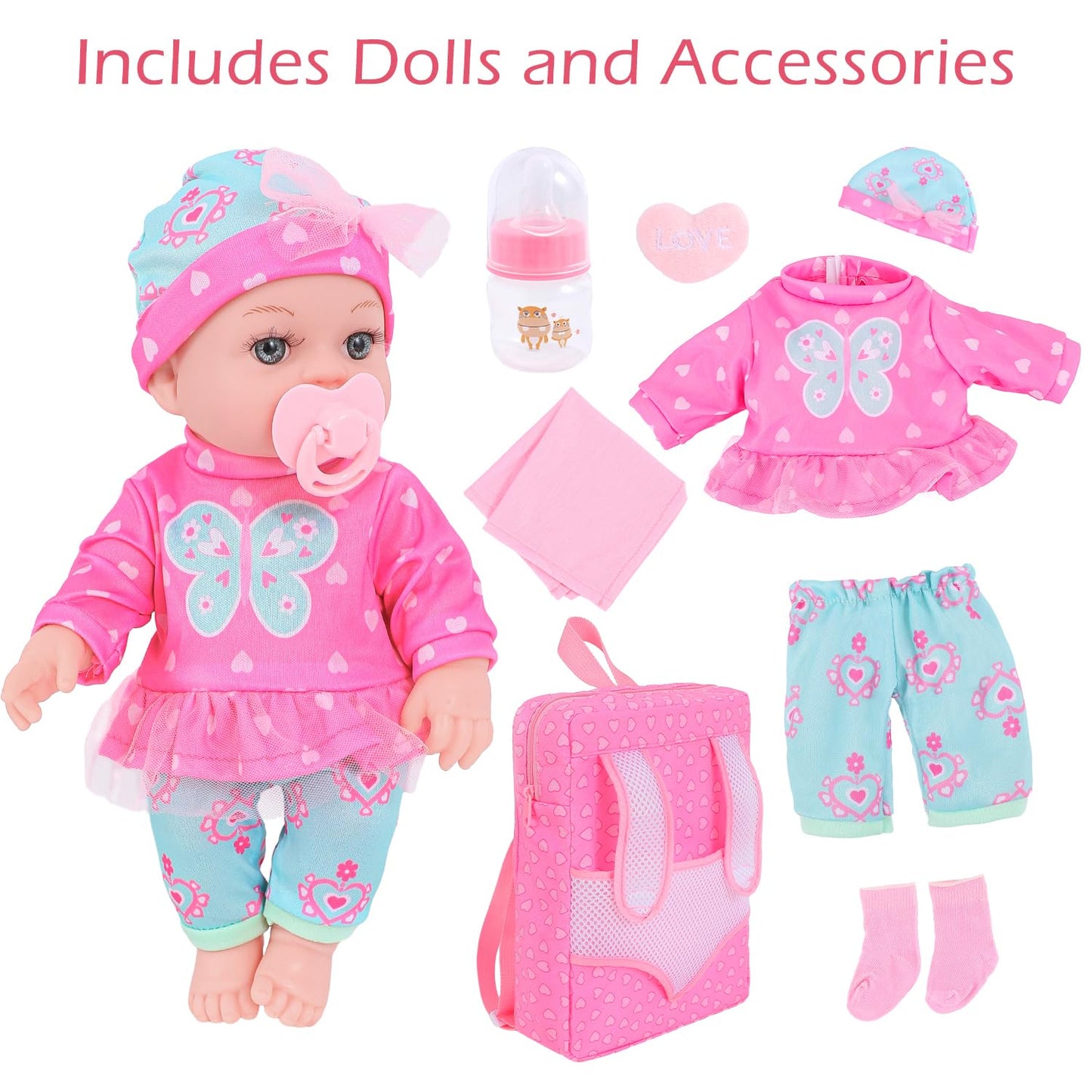 DONTNO 12-Inch Baby Doll with Clothes & Backpack Carrier – Reborn Pretend Play Set