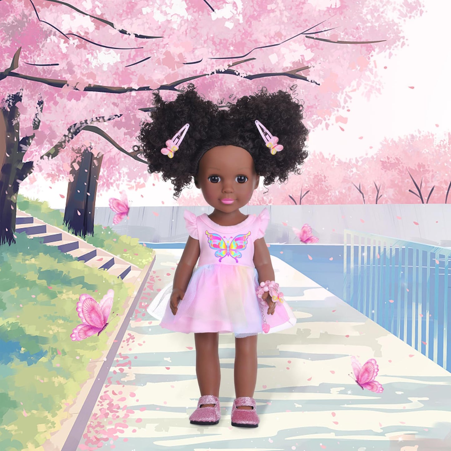 DONTNO 14.5-Inch Black Doll with Clothes & Accessories – Butterfly Dress & Makeup