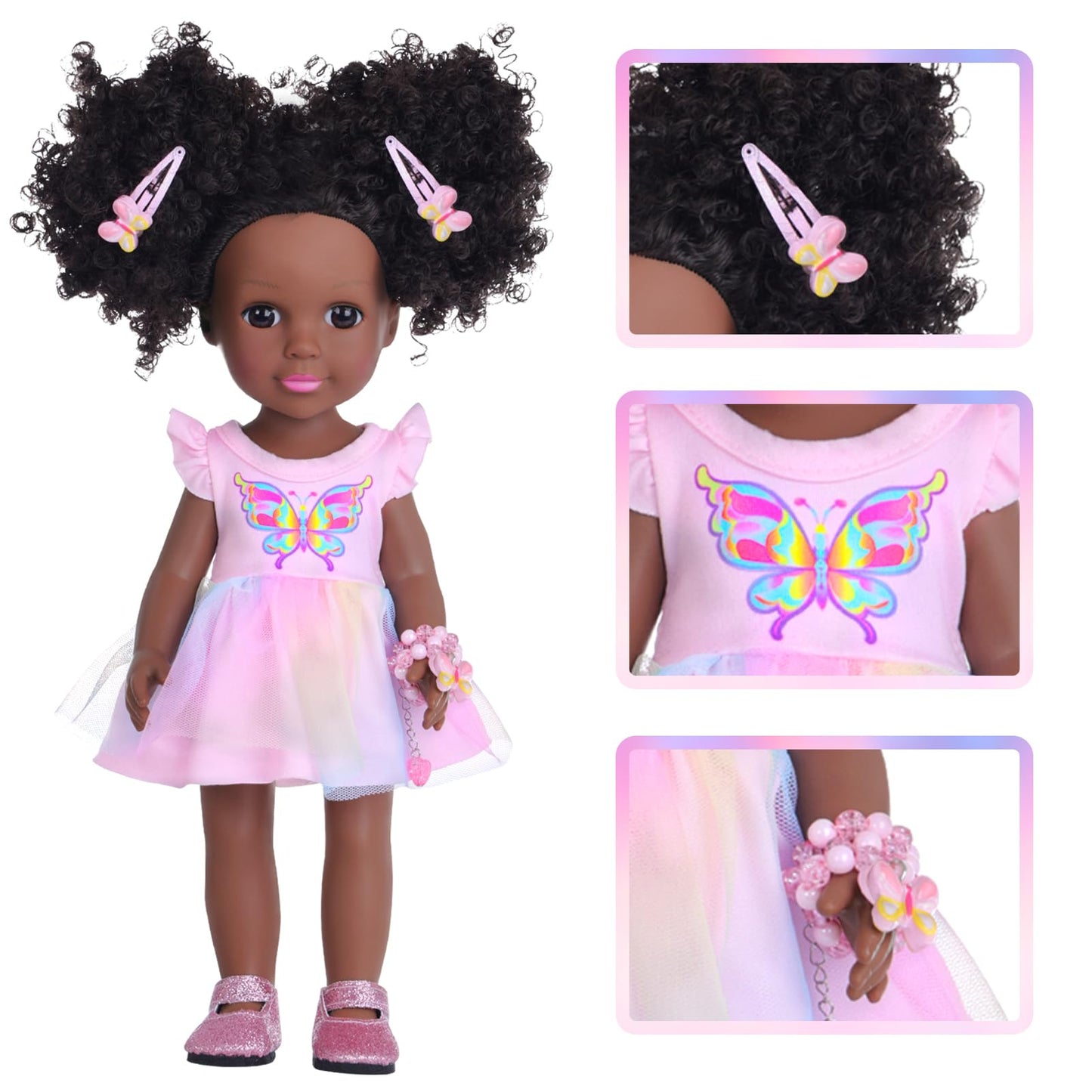 DONTNO 14.5-Inch Black Doll with Clothes & Accessories – Butterfly Dress & Makeup