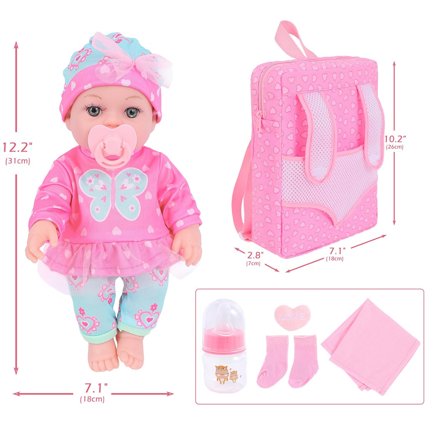 DONTNO 12-Inch Baby Doll with Clothes & Backpack Carrier – Reborn Pretend Play Set
