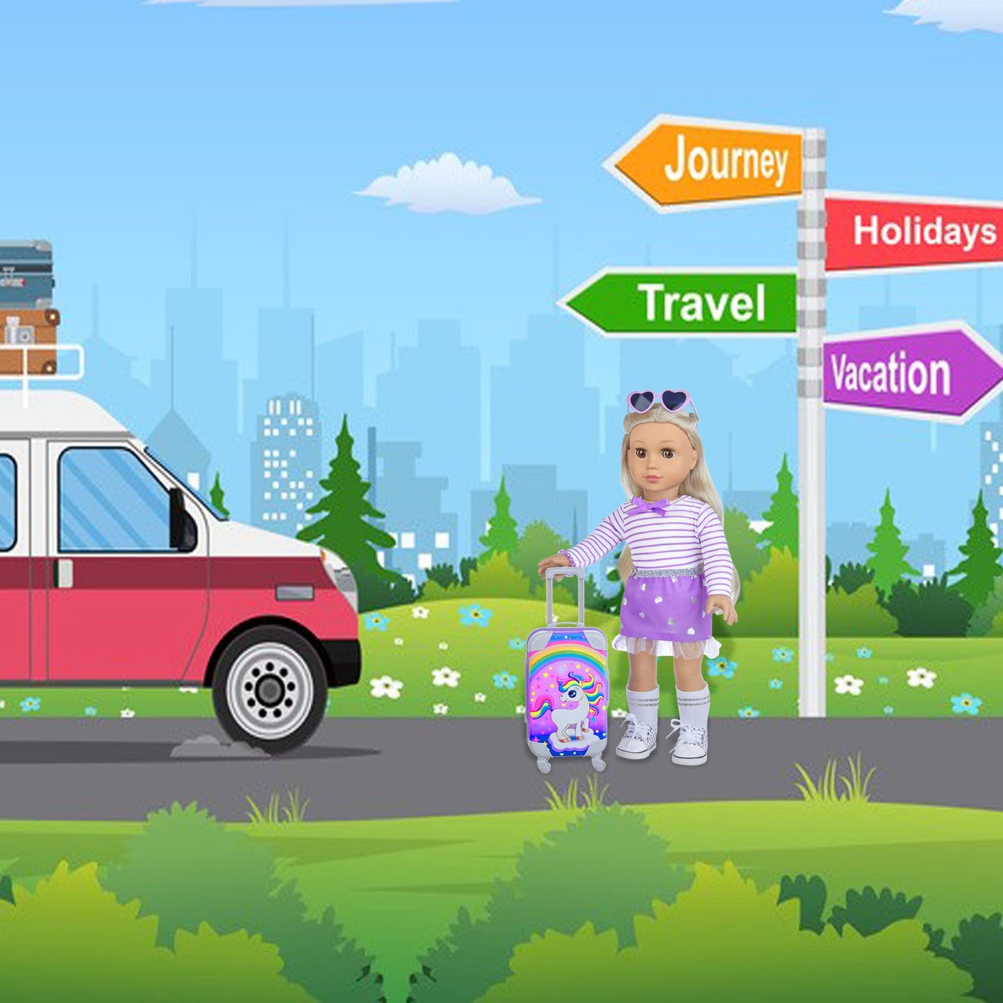 DONTNO 29 Pcs Doll Accessories for 18-Inch American Doll | Purple Travel Set