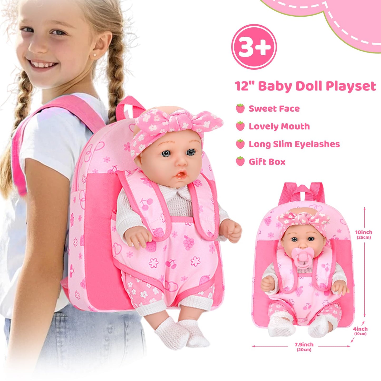 DONTNO 12-Inch Baby Doll with Backpack Carrier – Realistic Playset in Gift Box