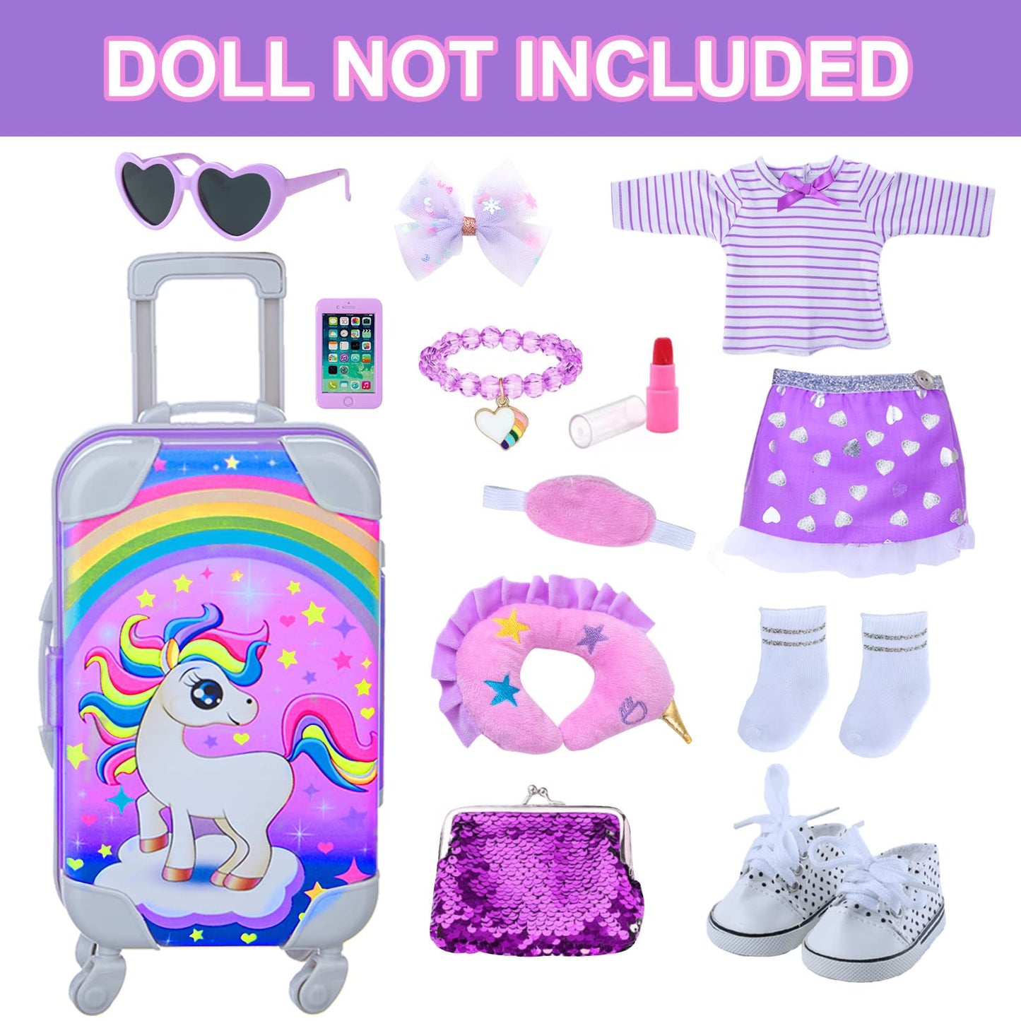 DONTNO 29 Pcs Doll Accessories for 18-Inch American Doll | Purple Travel Set