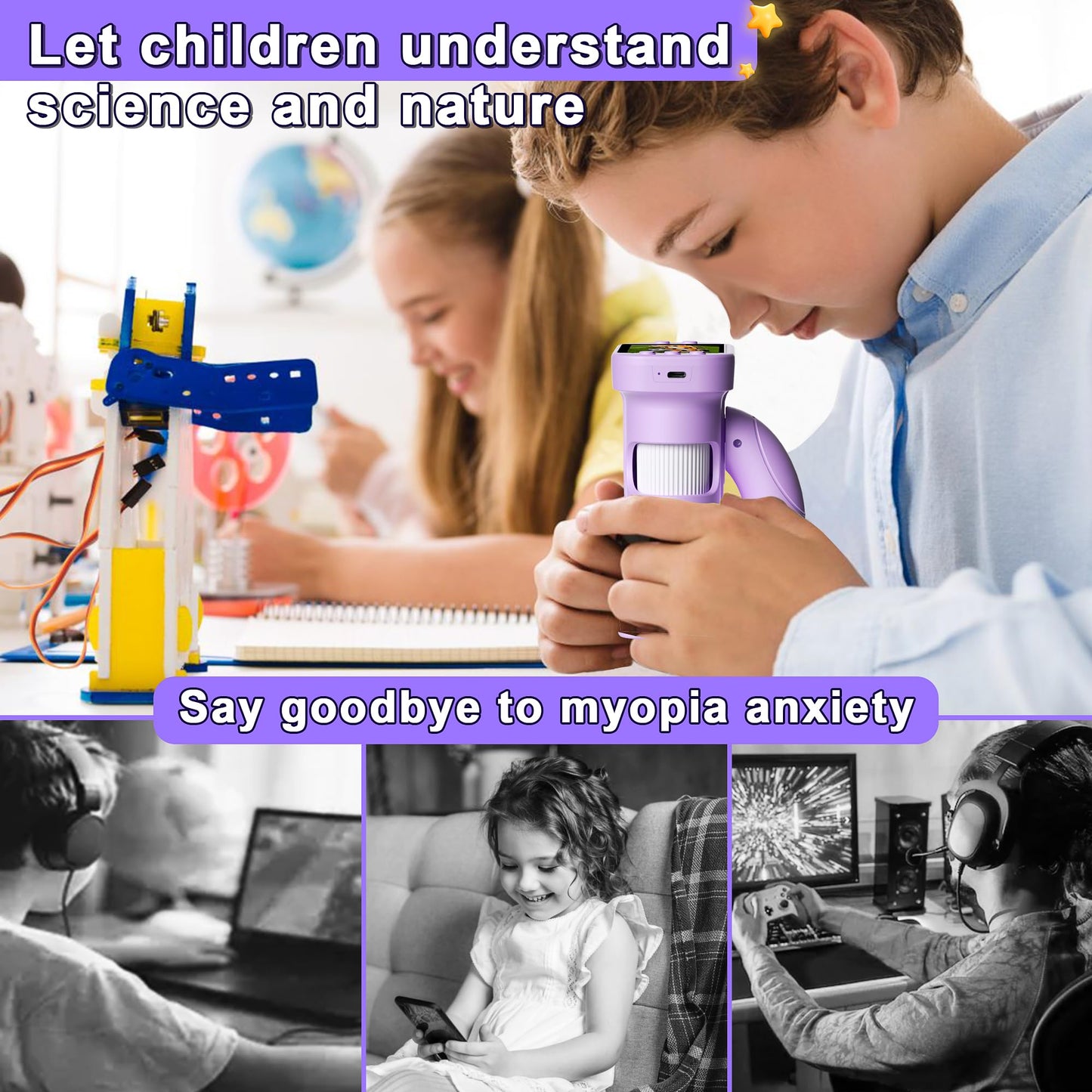 Doobuli Kids Microscope - 3-in-1 Handheld Digital Microscope, Camera & Telescope (Purple)