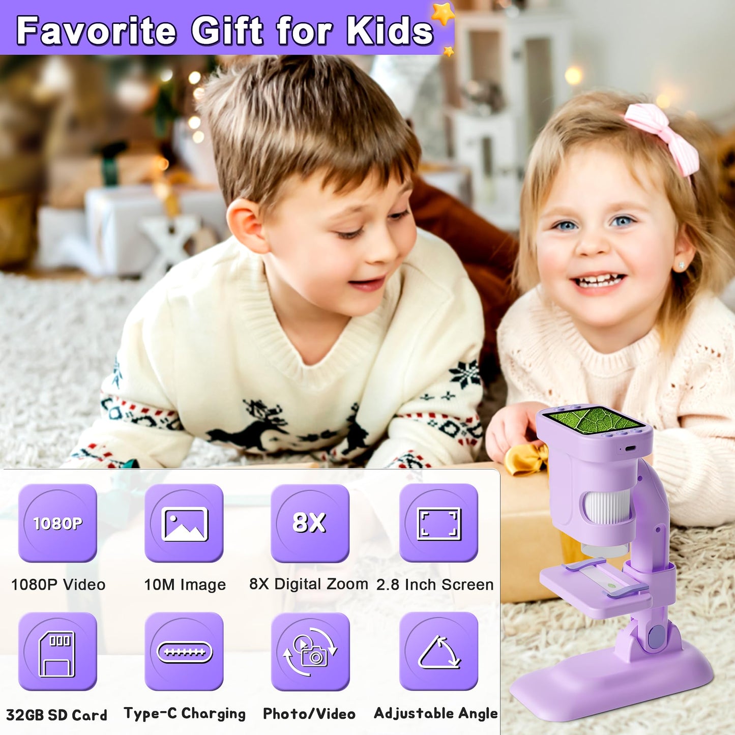 Doobuli Kids Microscope - 3-in-1 Handheld Digital Microscope, Camera & Telescope (Purple)