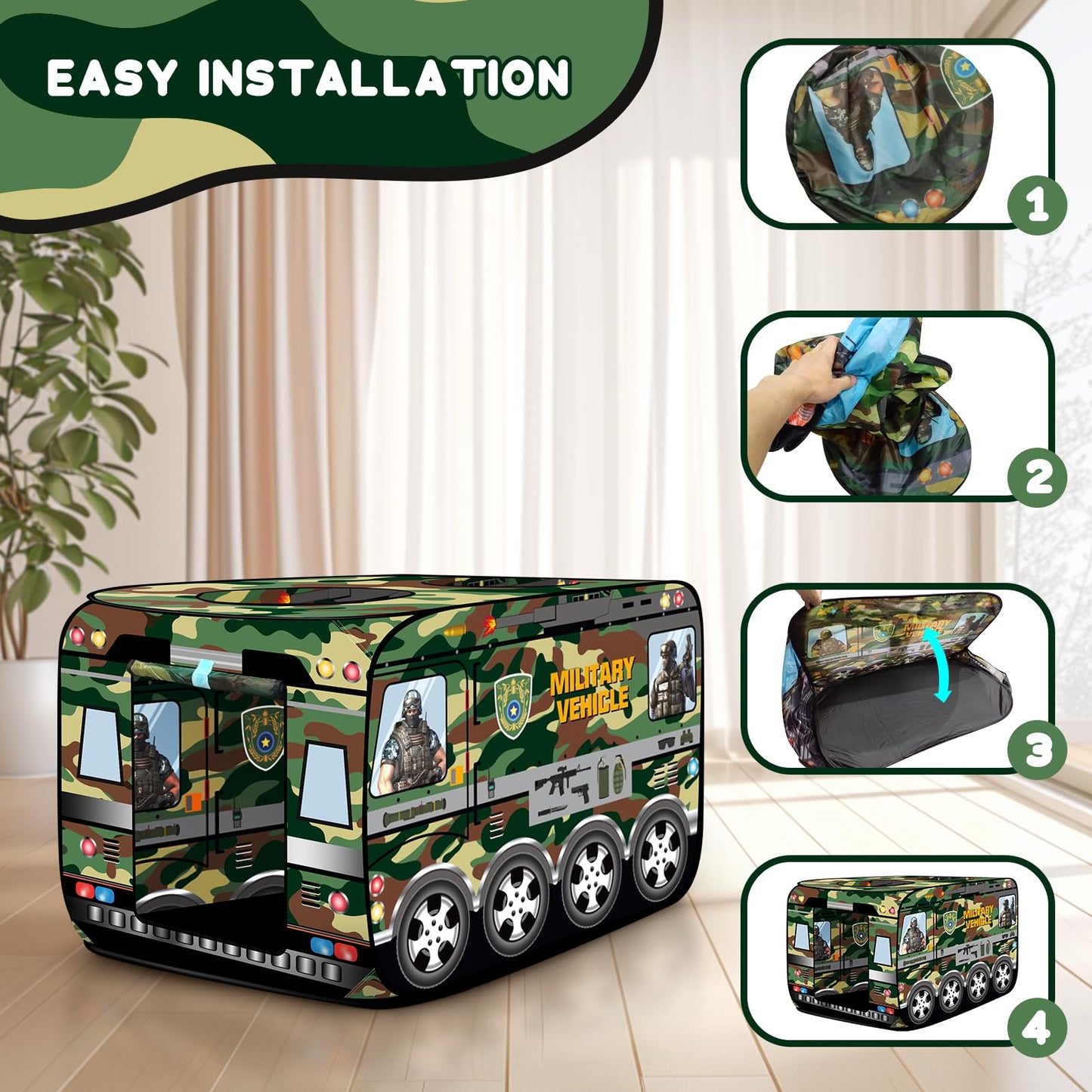 DOOLMIN Pop Up Play Tent for Kids — Foldable Indoor & Outdoor Green Vehicle Playhouse