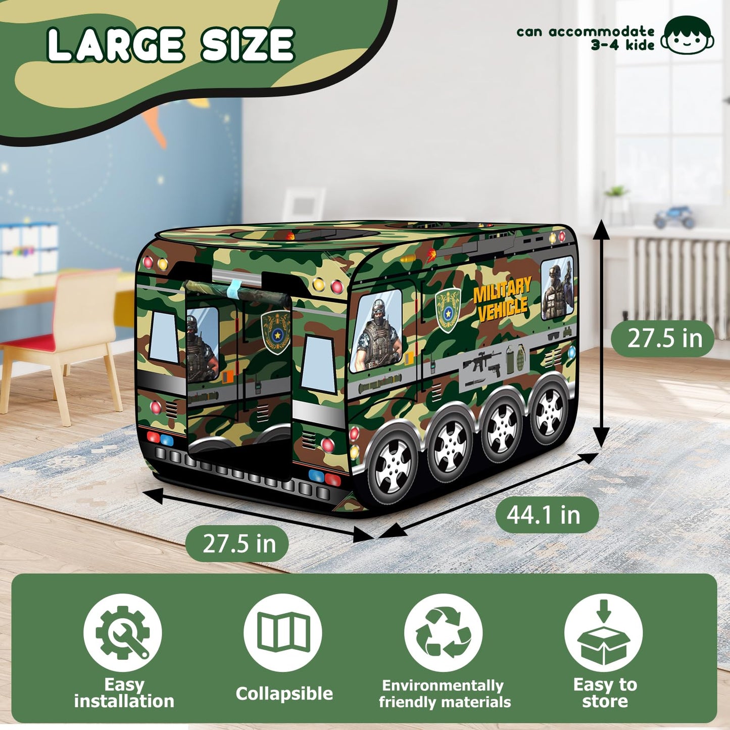 DOOLMIN Pop Up Play Tent for Kids — Foldable Indoor & Outdoor Green Vehicle Playhouse