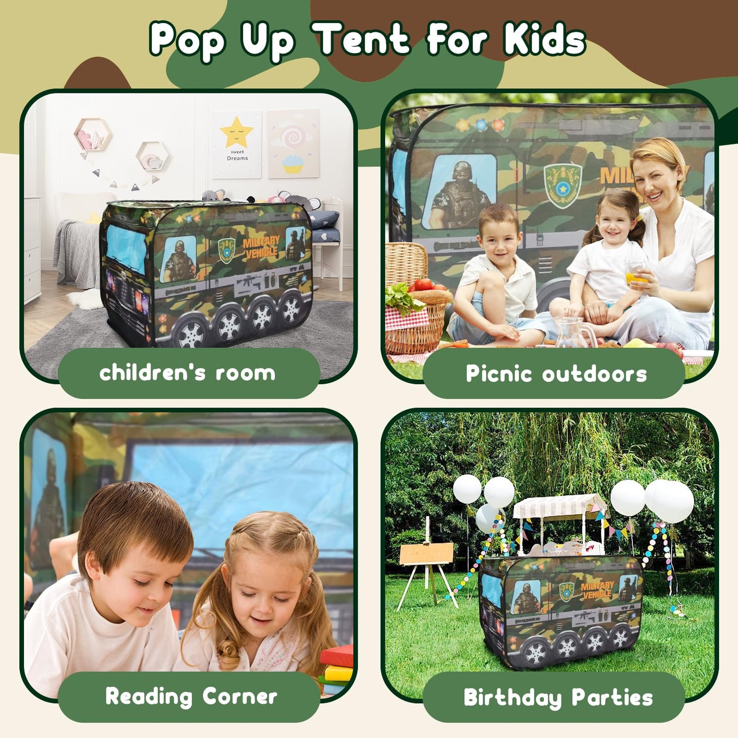 DOOLMIN Pop Up Play Tent for Kids — Foldable Indoor & Outdoor Green Vehicle Playhouse