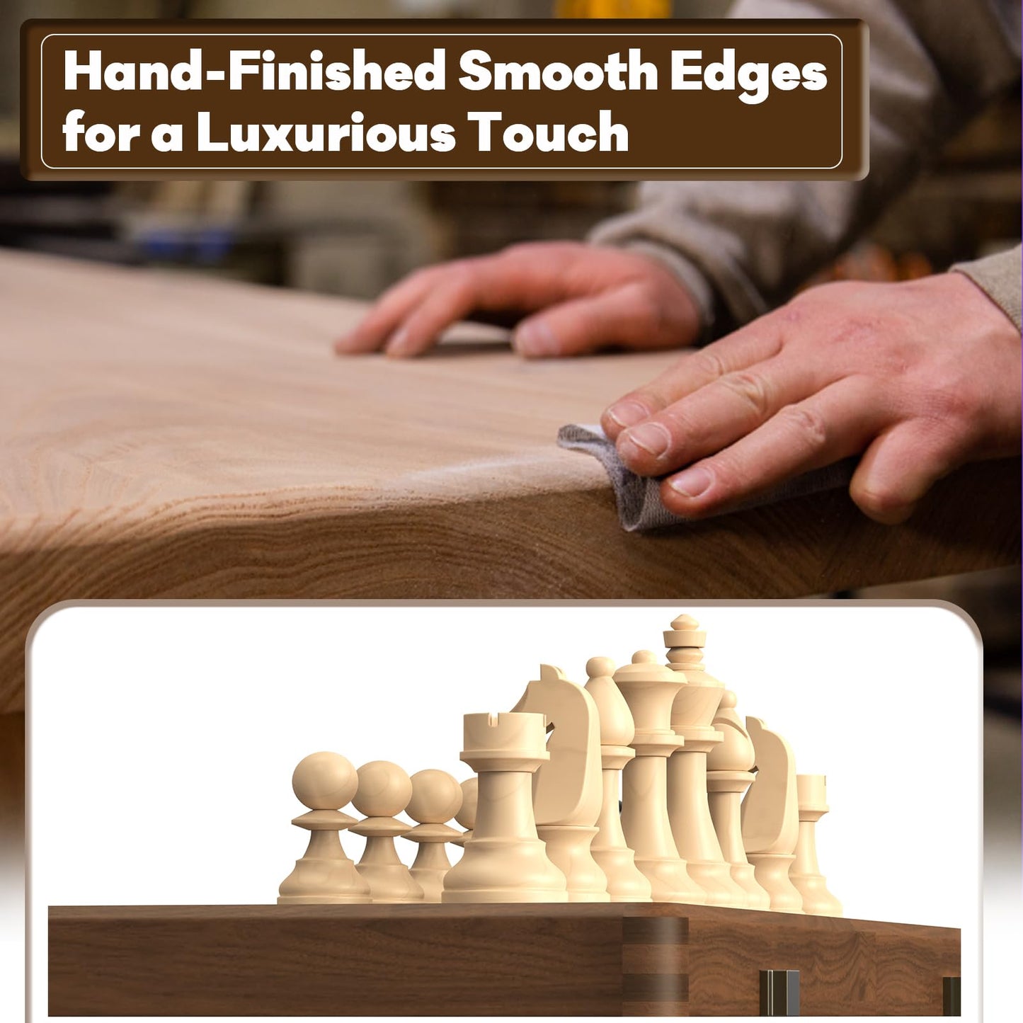 Doowroodni Premium Walnut 15-inch Magnetic Folding Chess & Checkers Set – 2-in-1 with 3-inch Staunton Kings, Extra Queens, Dust-Proof Bag