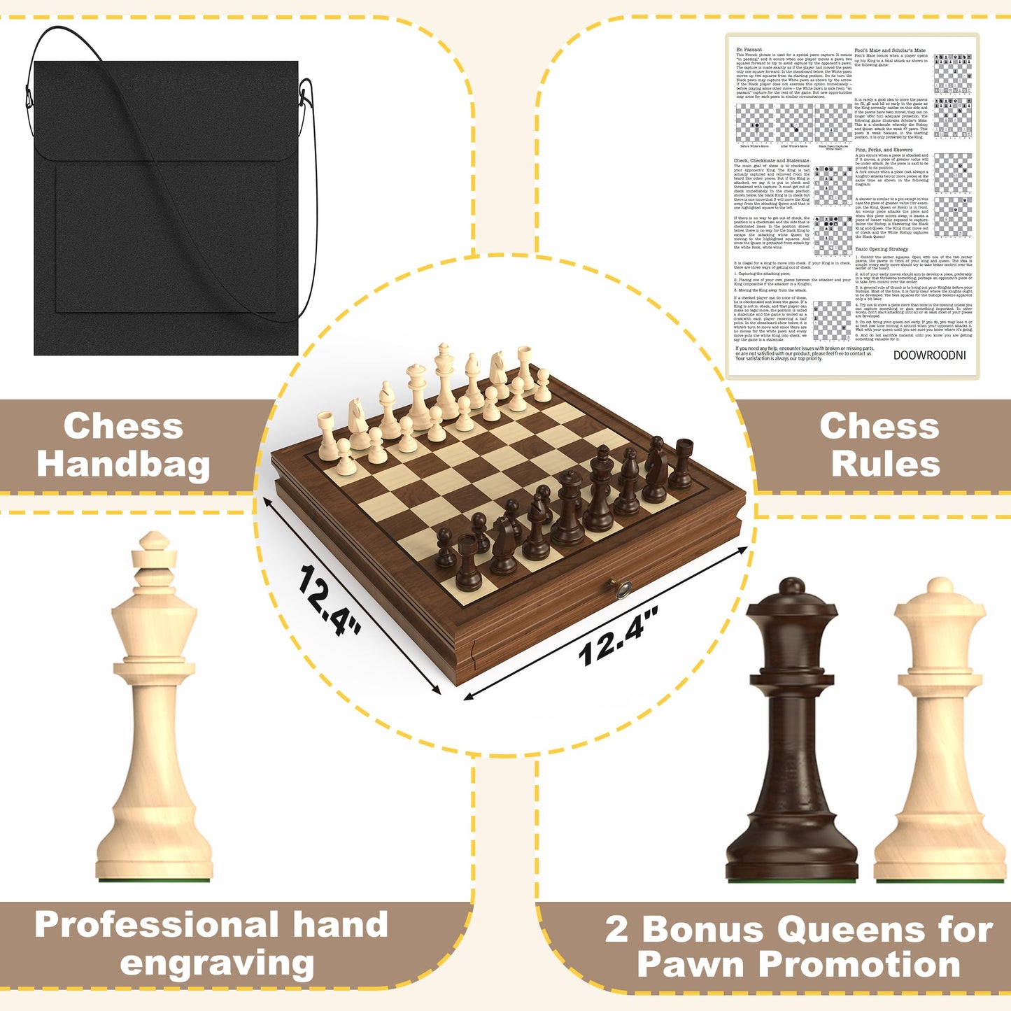 Doowroodni Premium Walnut 13x13 Magnetic Chess Set with Drawer, 2 Bonus Queens, Staunton Pieces