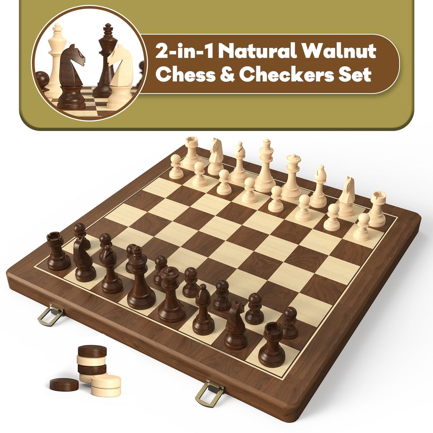 Doowroodni Premium Walnut 15-inch Magnetic Folding Chess & Checkers Set – 2-in-1 with 3-inch Staunton Kings, Extra Queens, Dust-Proof Bag