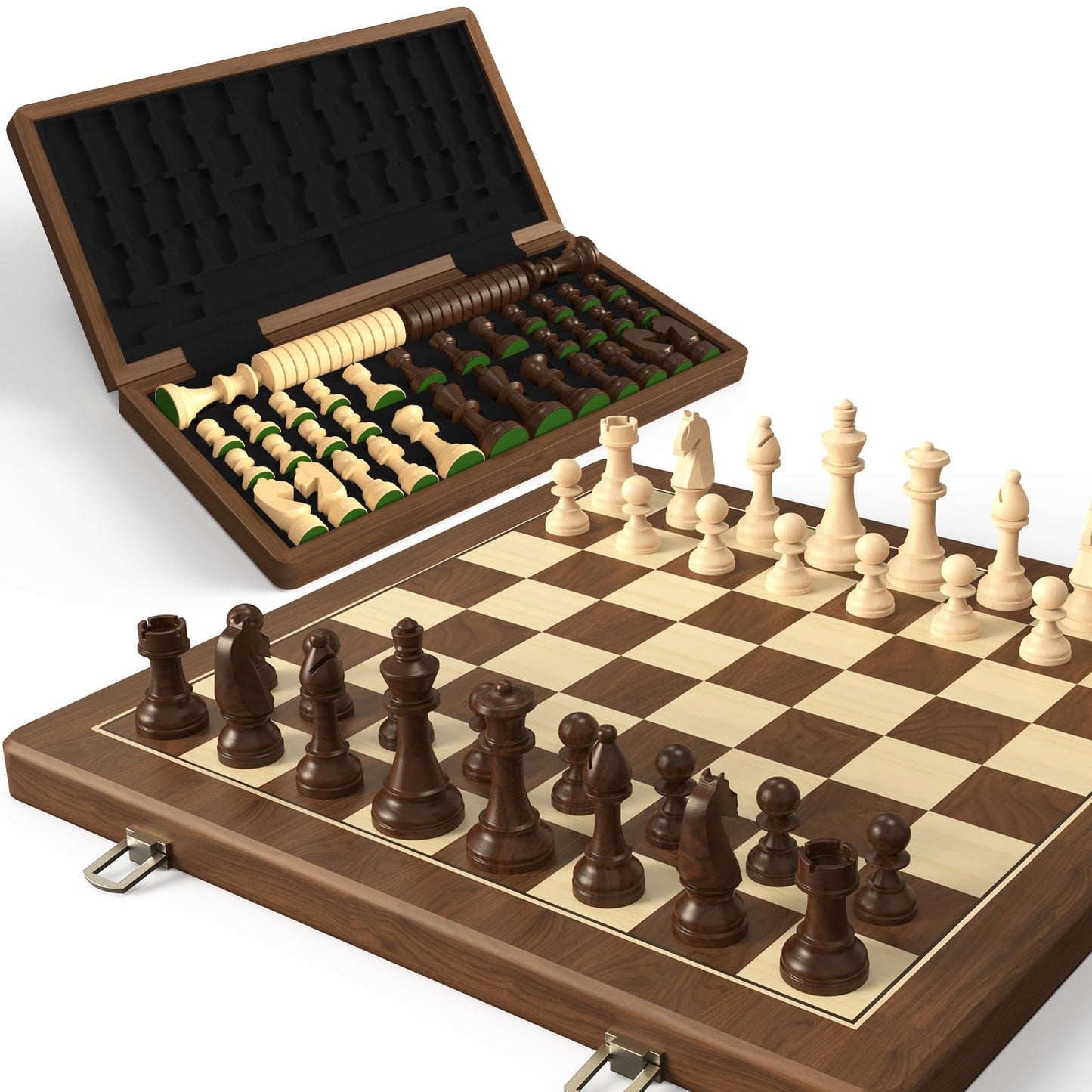Doowroodni Premium Walnut 15-inch Magnetic Folding Chess & Checkers Set – 2-in-1 with 3-inch Staunton Kings, Extra Queens, Dust-Proof Bag