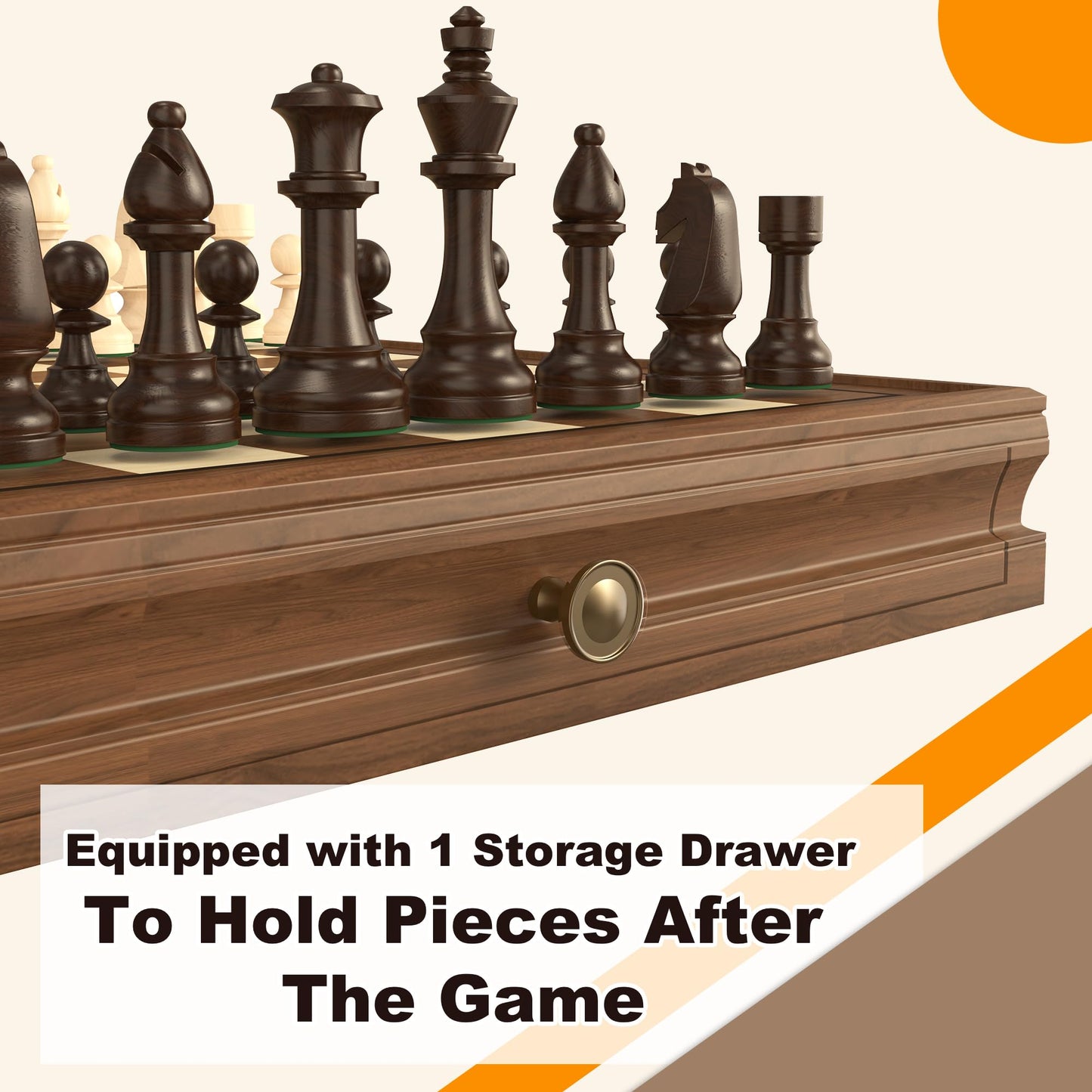 Doowroodni Premium Walnut 13x13 Magnetic Chess Set with Drawer, 2 Bonus Queens, Staunton Pieces