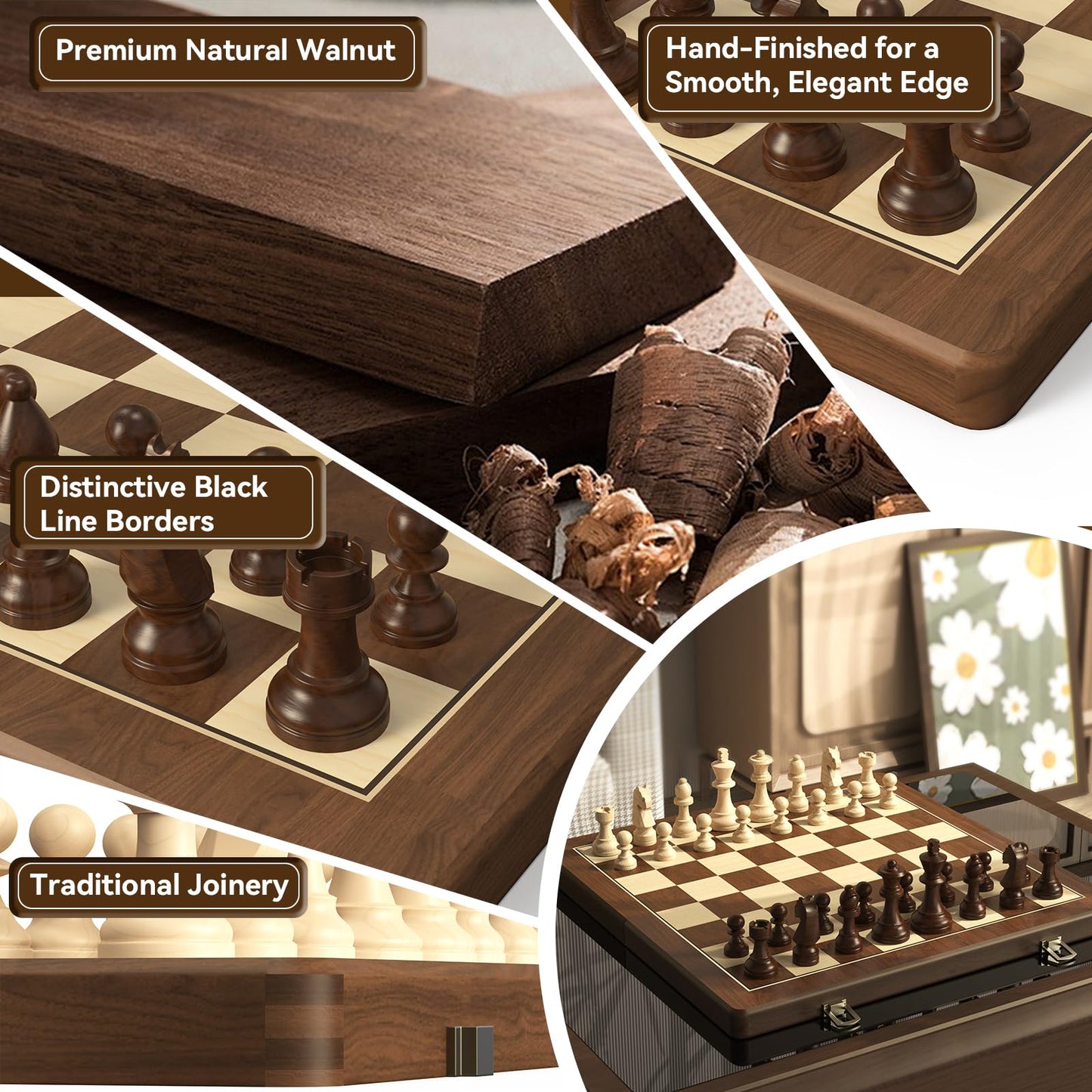 Doowroodni Premium Walnut 15-inch Magnetic Folding Chess & Checkers Set – 2-in-1 with 3-inch Staunton Kings, Extra Queens, Dust-Proof Bag