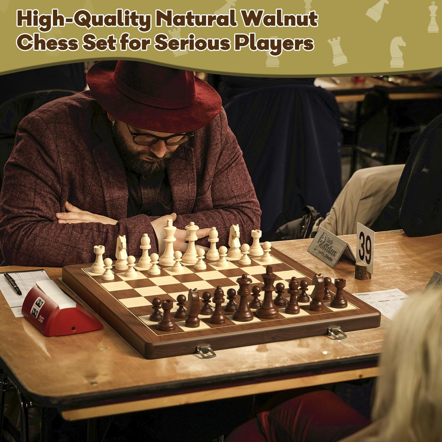 Doowroodni Premium Walnut 15-inch Magnetic Folding Chess & Checkers Set – 2-in-1 with 3-inch Staunton Kings, Extra Queens, Dust-Proof Bag