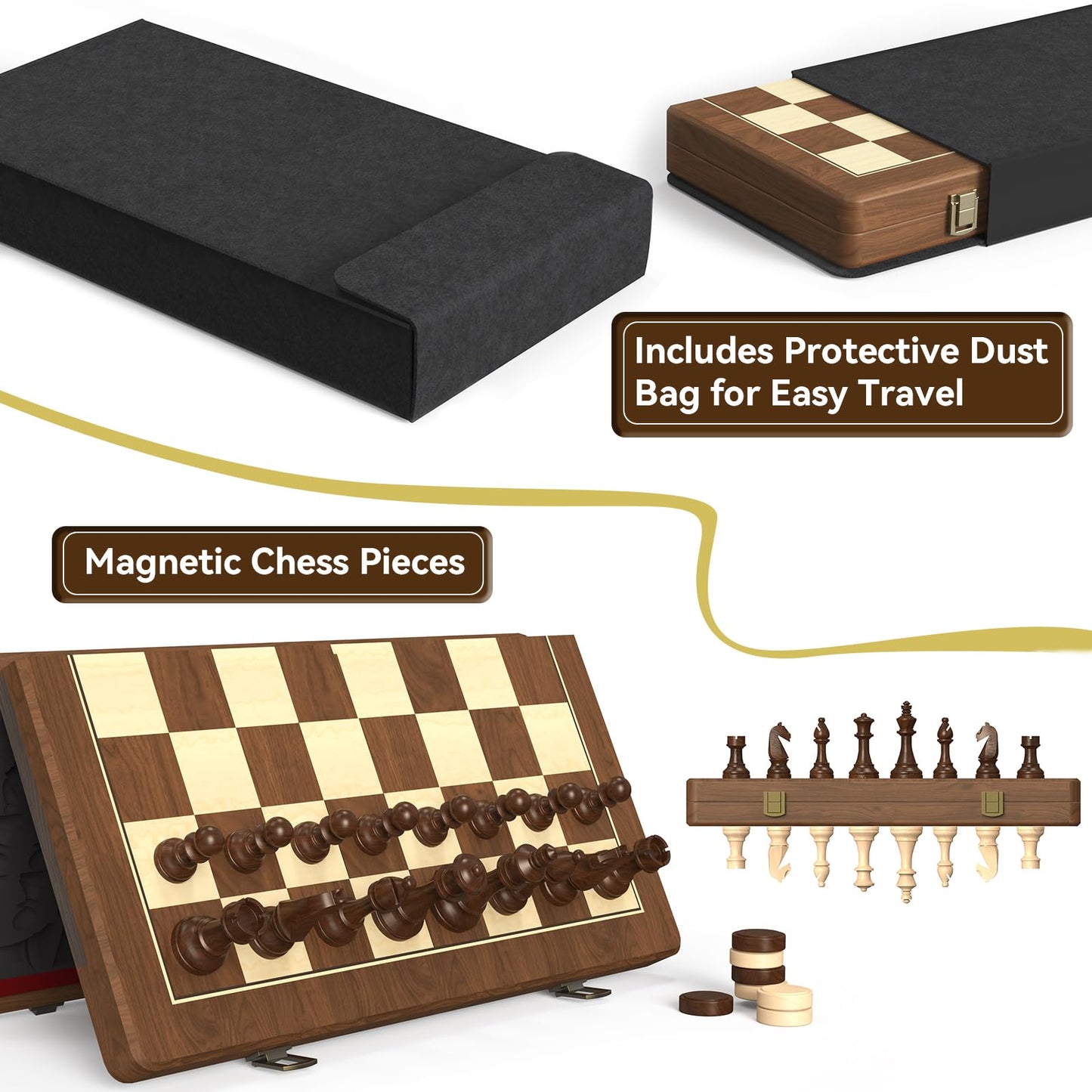 Doowroodni Premium Walnut 15-inch Magnetic Folding Chess & Checkers Set – 2-in-1 with 3-inch Staunton Kings, Extra Queens, Dust-Proof Bag