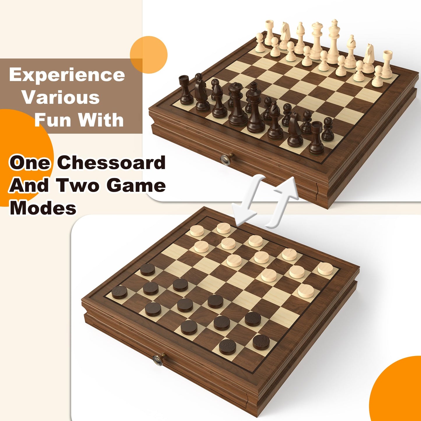 Doowroodni Premium Walnut 13x13 Magnetic Chess Set with Drawer, 2 Bonus Queens, Staunton Pieces