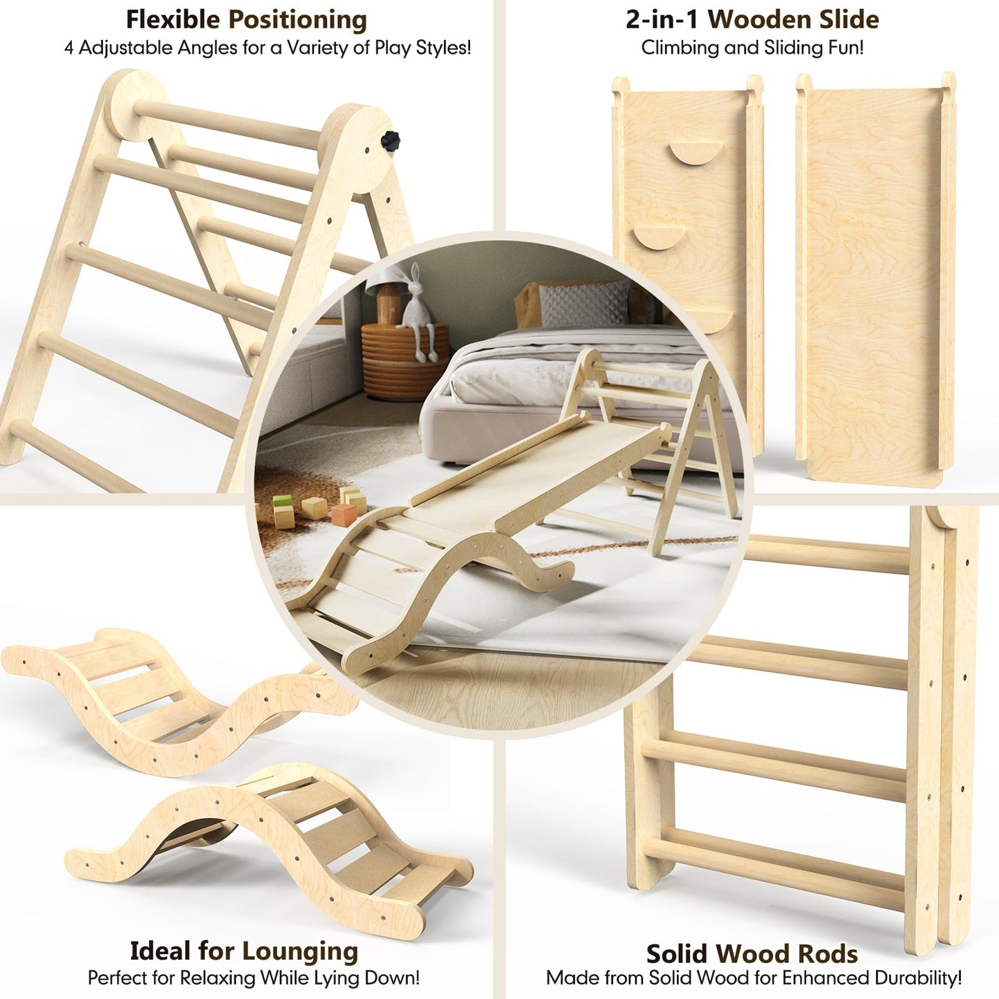 doowroodni Pikler Triangle Set 7in1 – Foldable Wooden Montessori Climbing Toys for Toddlers (Natural)