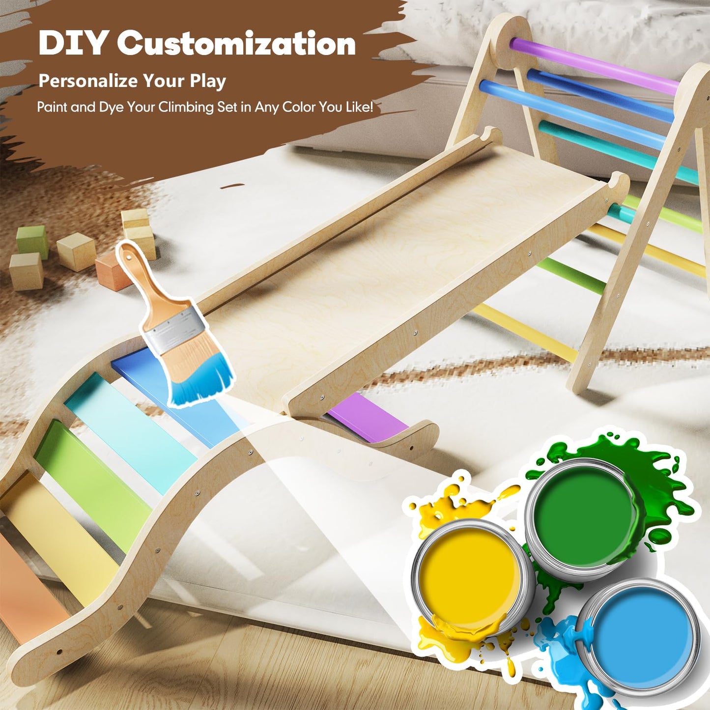 doowroodni Pikler Triangle Set 7in1 – Foldable Wooden Montessori Climbing Toys for Toddlers (Natural)