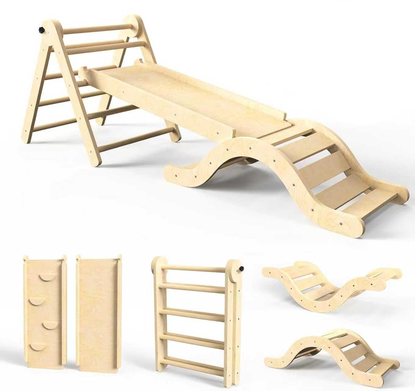 doowroodni Pikler Triangle Set 7in1 – Foldable Wooden Montessori Climbing Toys for Toddlers (Natural)