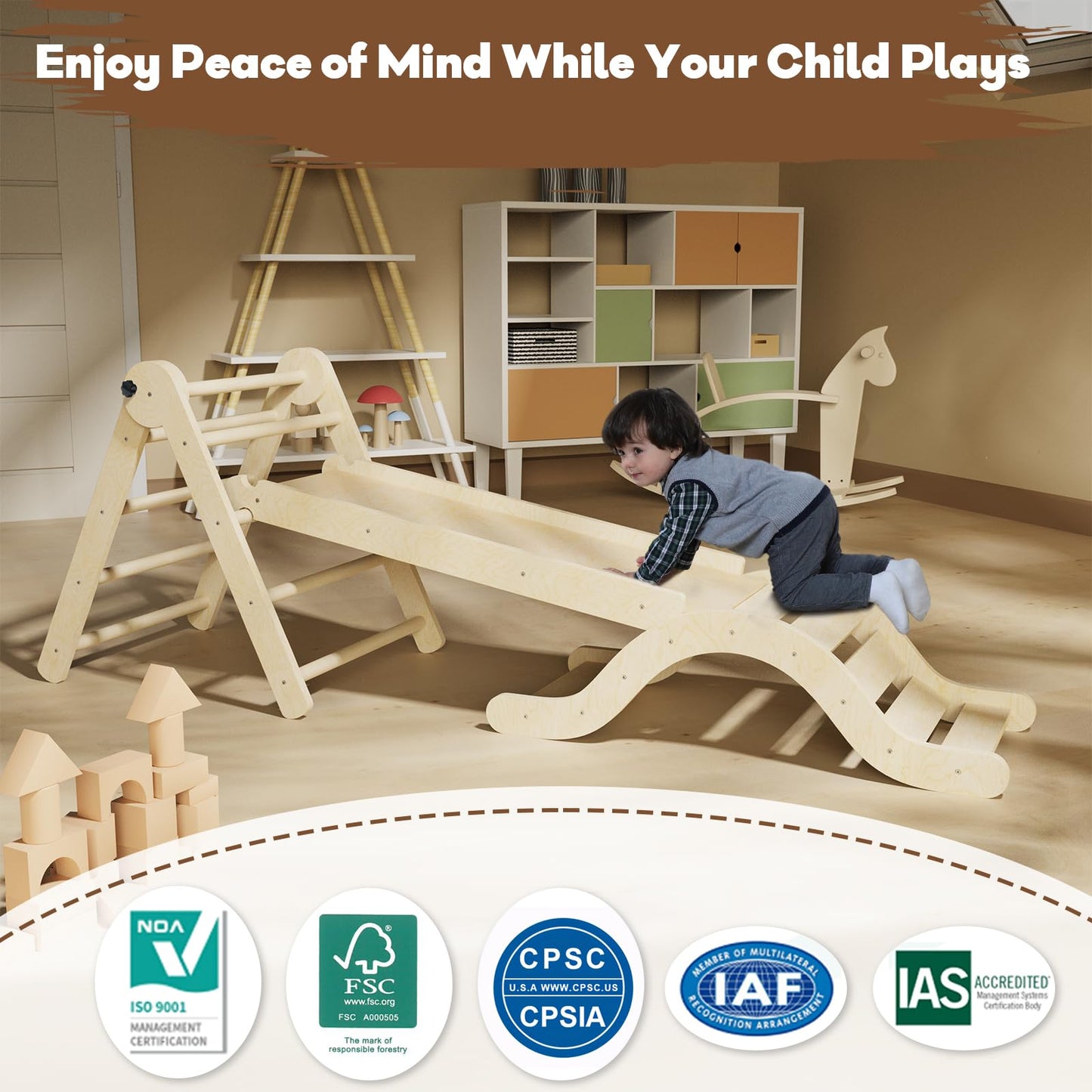 doowroodni Pikler Triangle Set 7in1 – Foldable Wooden Montessori Climbing Toys for Toddlers (Natural)