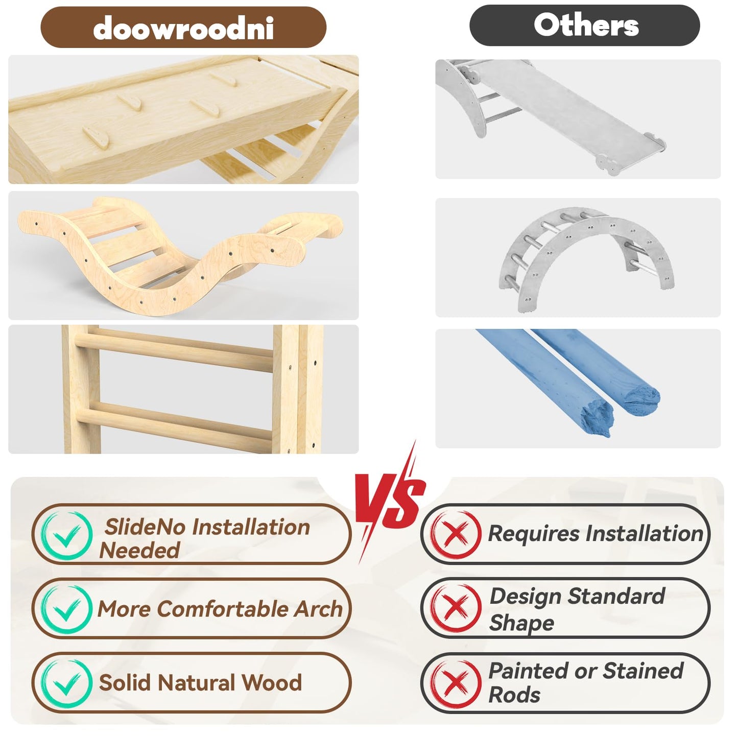 doowroodni Pikler Triangle Set 7in1 – Foldable Wooden Montessori Climbing Toys for Toddlers (Natural)