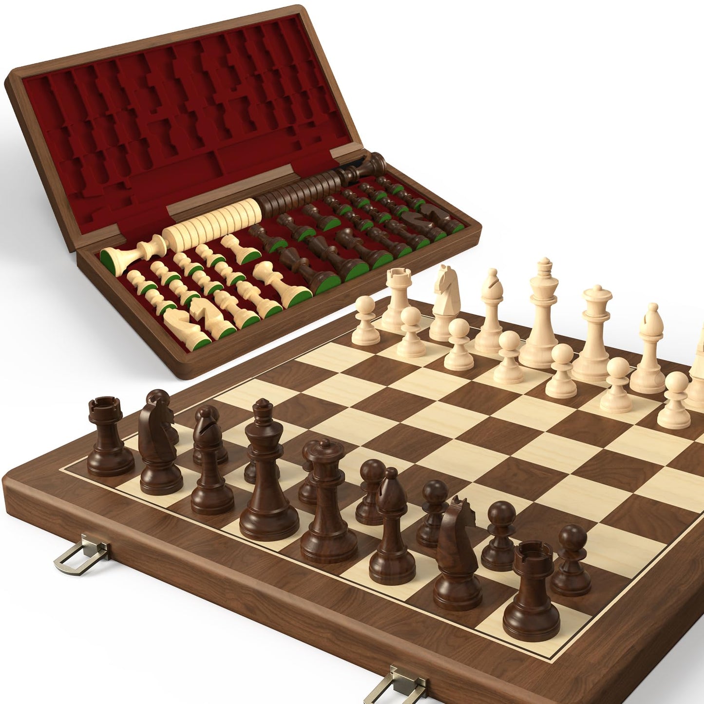 Doowroodni Premium Natural Walnut 15-Inch Magnetic Folding Chess & Checkers Set – 2-in-1, 3-Inch King Staunton, Extra Queens, Red