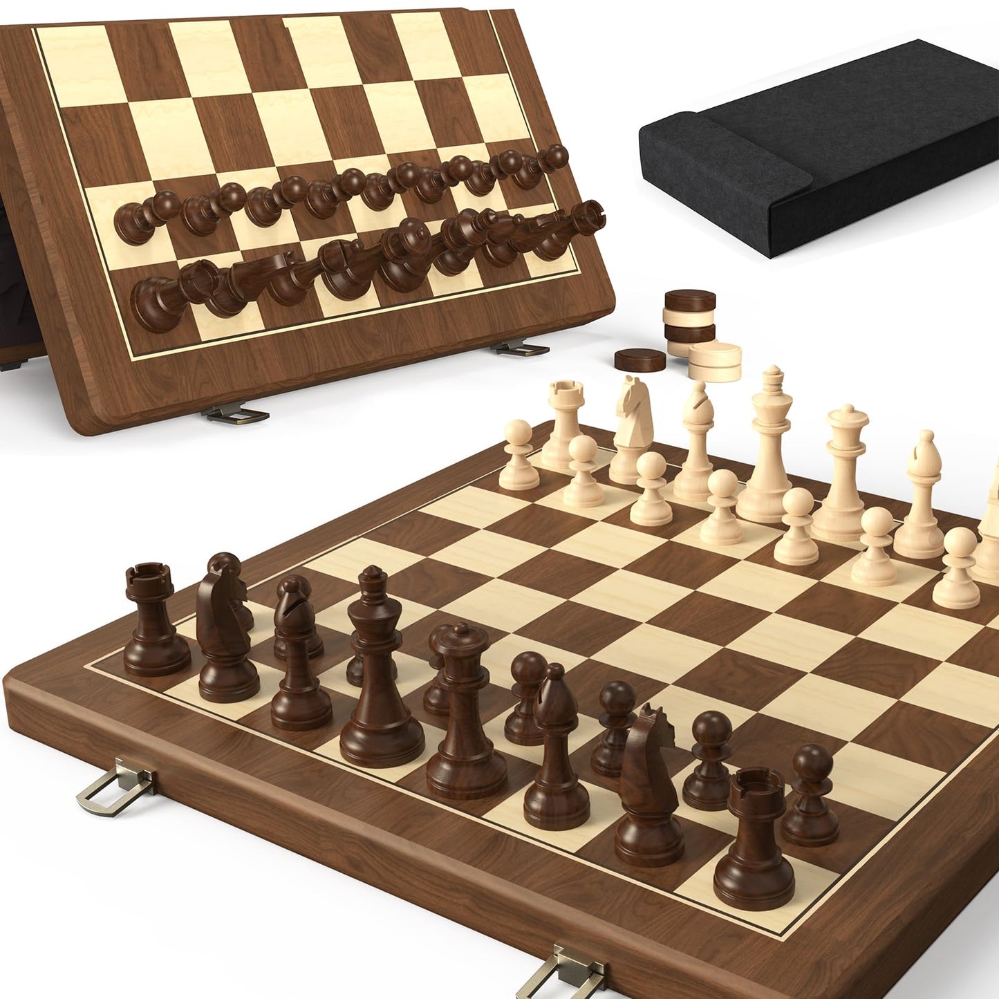 Doowroodni Premium Walnut 15-inch Magnetic Folding Chess & Checkers Set – 2-in-1 with 3-inch Staunton Kings, Extra Queens, Dust-Proof Bag