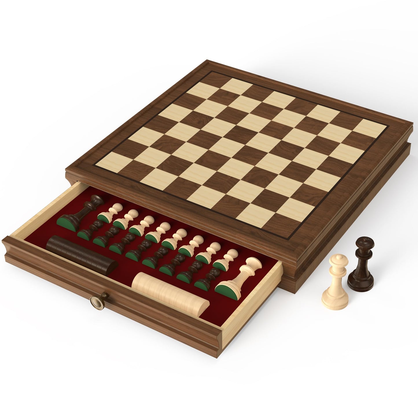 Doowroodni Premium Walnut 13x13 Magnetic Chess Set with Drawer, 2 Bonus Queens, Staunton Pieces